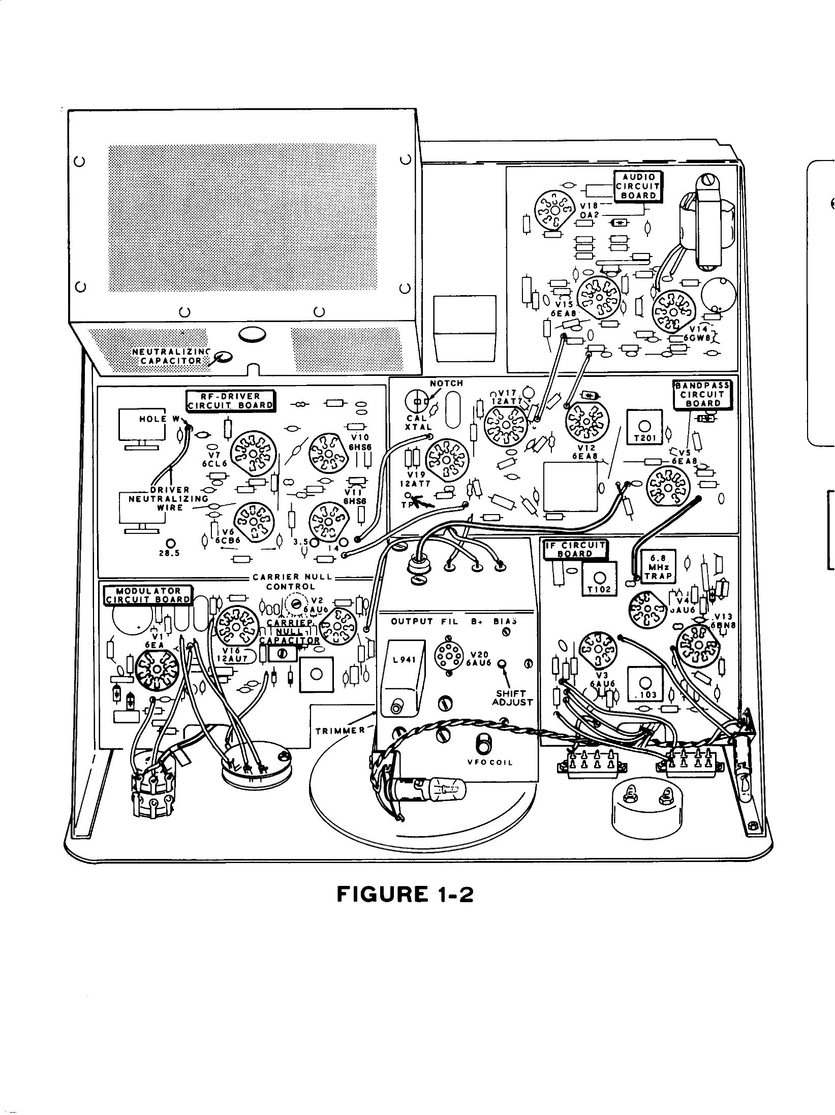 Figure 15 — 2: the top-chassis controls and the side-apron adjustments, with the rear-panel connections. The rear apron carries the CW key jack, the 8 Ω speaker output, the ALC input, the eleven-pin p…