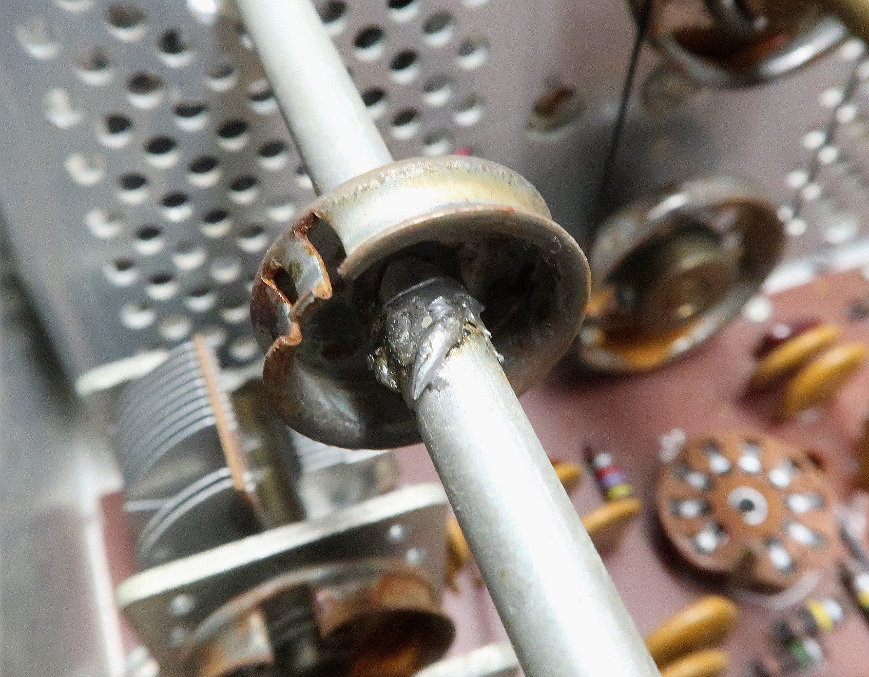 Figure 5 — The preselector drum, loose on its shaft. The original joint is solder onto a steel shaft — a joint that needed more heat than most kit builders' irons could deliver, which is why so many of them f…