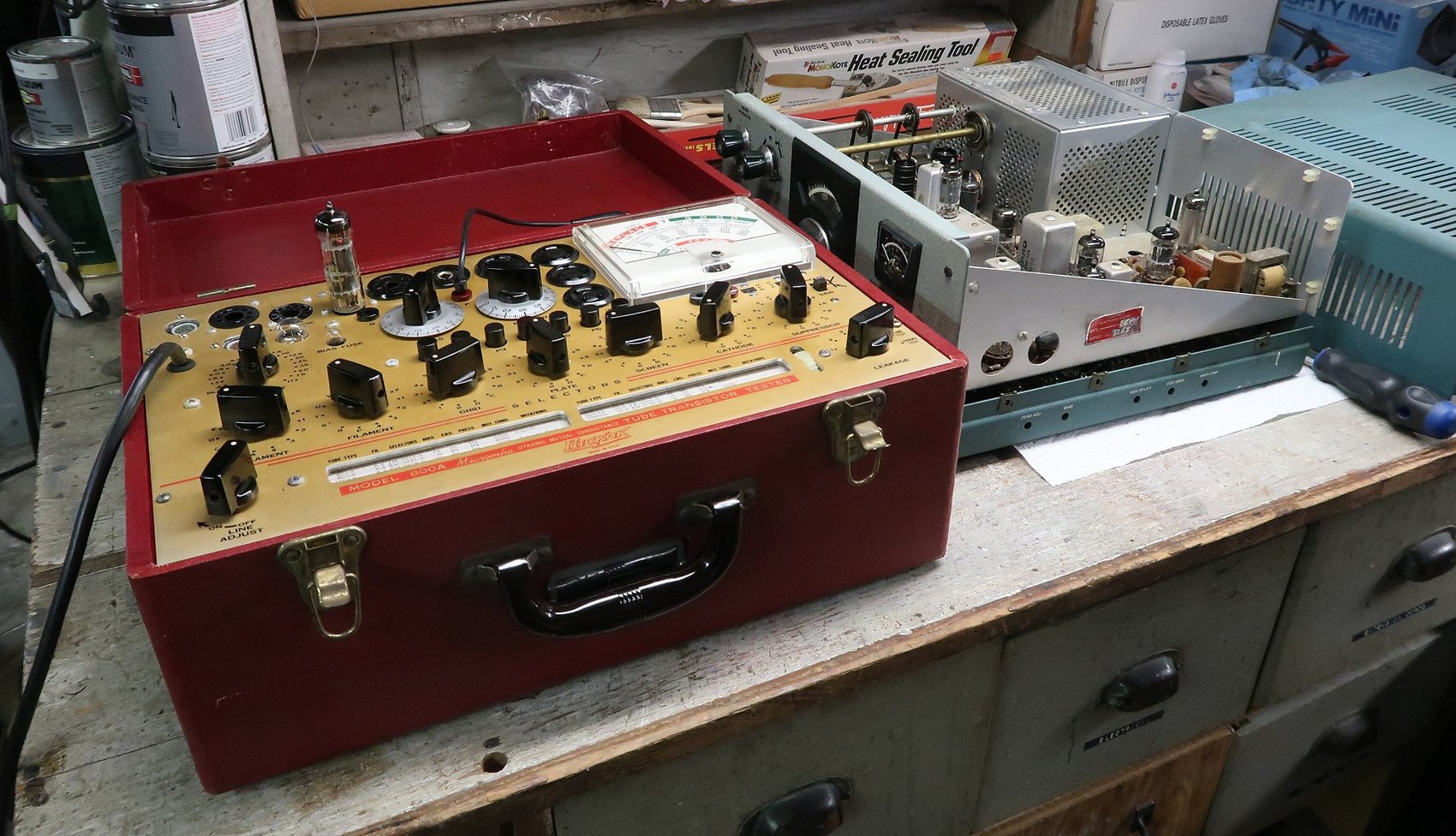 Figure 3 — Testing the tube complement on a Hickok 800A. Useful, but not conclusive: the leakage faults Heath documented in the 6HS6 front-end tubes and in the 6EA8 relay amplifier do not necessarily show on …