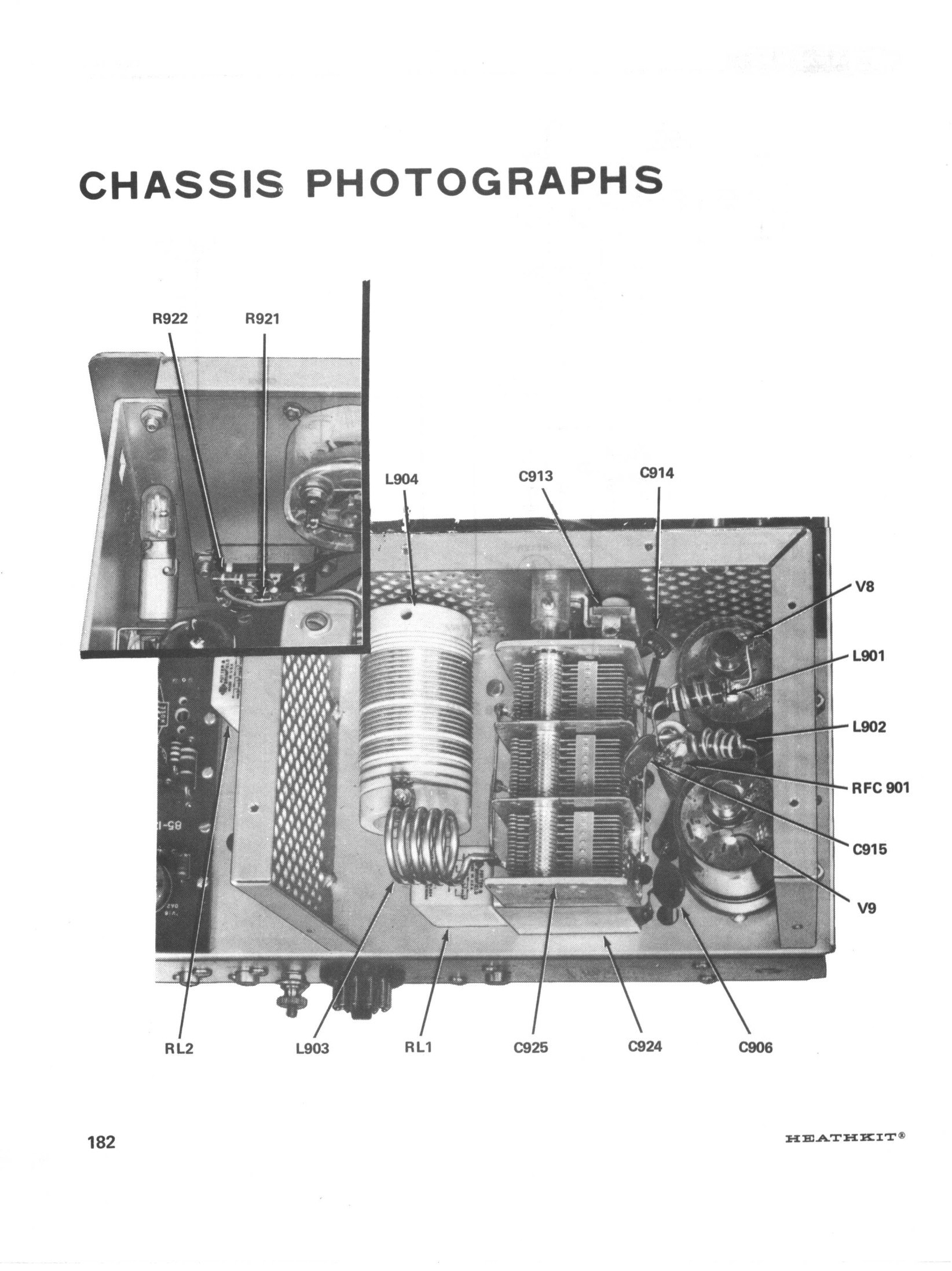 Figure 7 — The first of the manual's chassis photographs: the final amplifier compartment from above, with the two 6146s at V8 and V9, the parasitic chokes L901 and L902, the plate choke RFC 901, the neutrali…