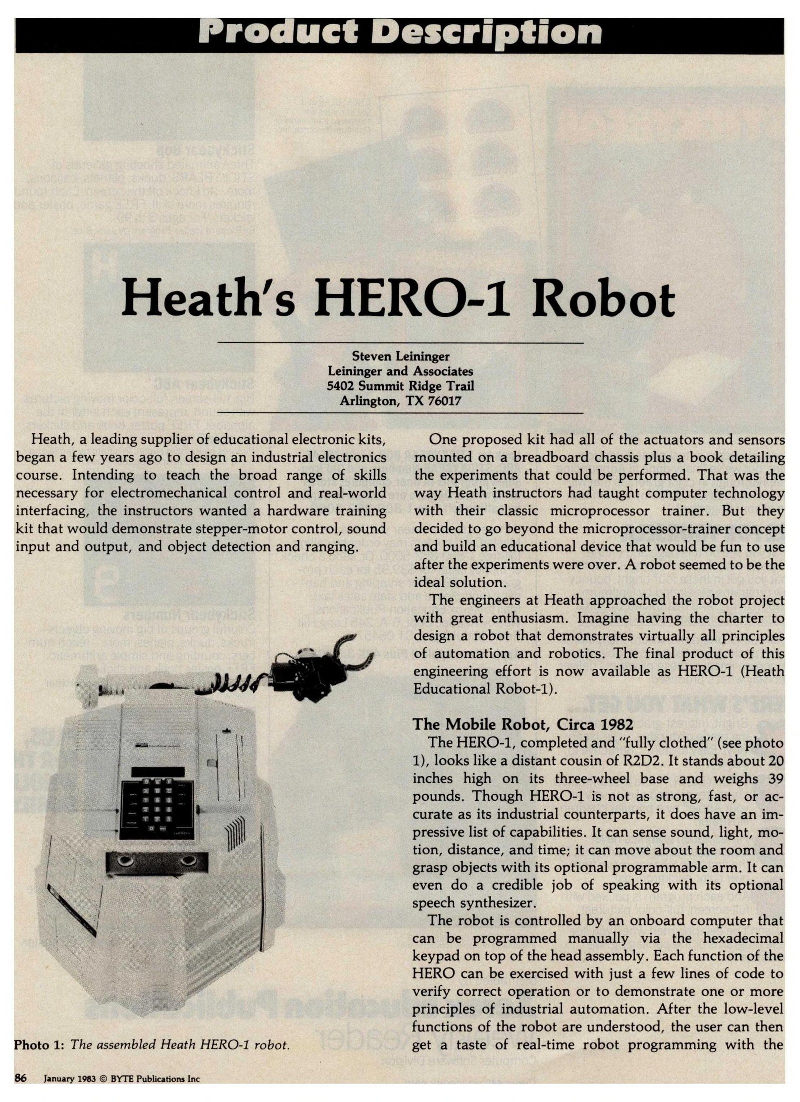Figure 5 — The opening page of Steven Leininger's "Heath's HERO-1 Robot" in the same issue. The first paragraph sets out the robot's origin in an industrial-electronics course; the photograph shows the assemb…