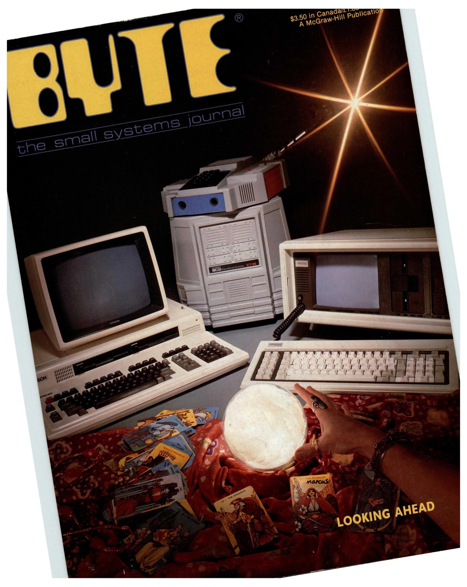Figure 4 — BYTE for January 1983, "Looking Ahead". HERO 1 stands at the centre of the cover photograph by Paul Avis, between the Compaq portable and the Epson QX-10. The editors described it as "an educationa…