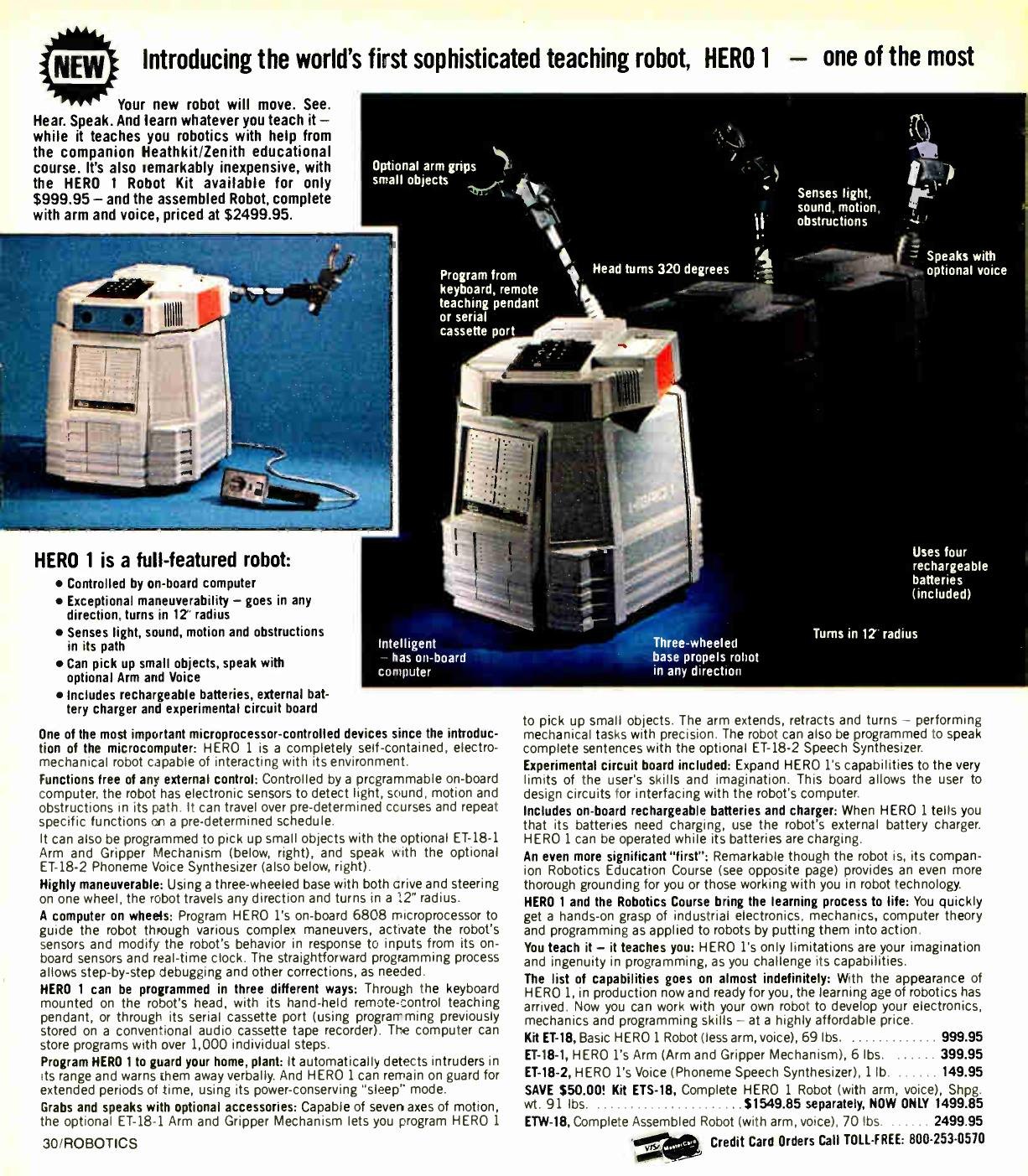 Figure 6 — The launch page, Winter 1983. "Introducing the world's first sophisticated teaching robot, HERO 1": the robot is shown with callouts for its arm, sensors, keypad and batteries, and the price block …
