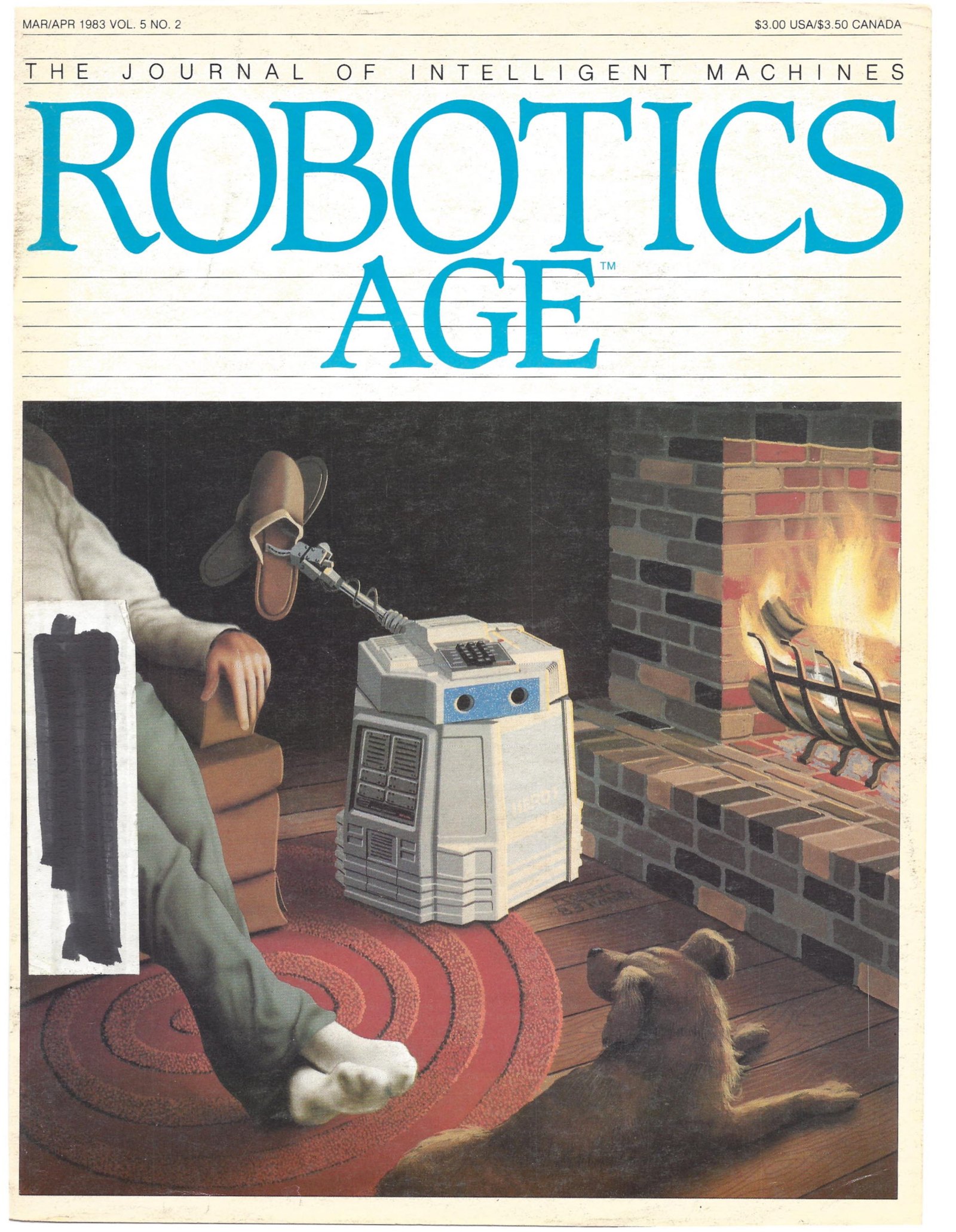 Figure 8 — Robotics Age for March/April 1983, with Robert Tinney's cover painting of a HERO 1 fetching its master's slippers. The magazine explained that it had "taken the theme of Heathkit's new Hero-1 robot…
