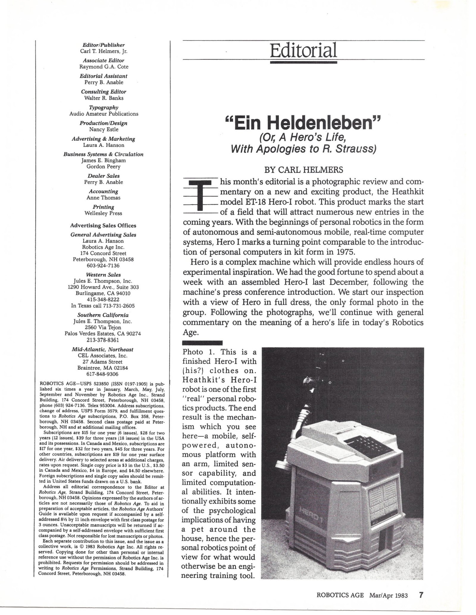 Figure 9 — Carl Helmers's editorial "Ein Heldenleben (Or, A Hero's Life)", the first extended hands-on report on HERO 1, written after a week with an assembled robot. Helmers compared its arrival to the first…