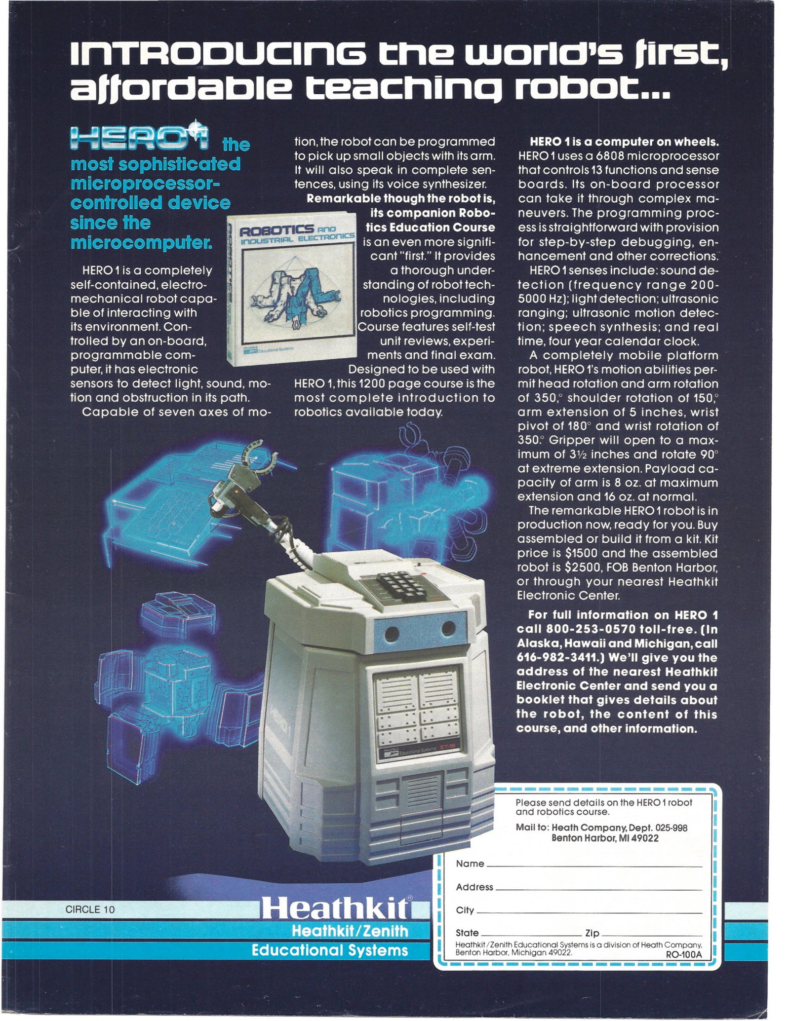 Figure 7 — Heath's advertisement in Robotics Age, spring 1983: "Introducing the world's first, affordable teaching robot." The copy quotes rounded prices, "$1500" for the kit and "$2500" for the assembled rob…