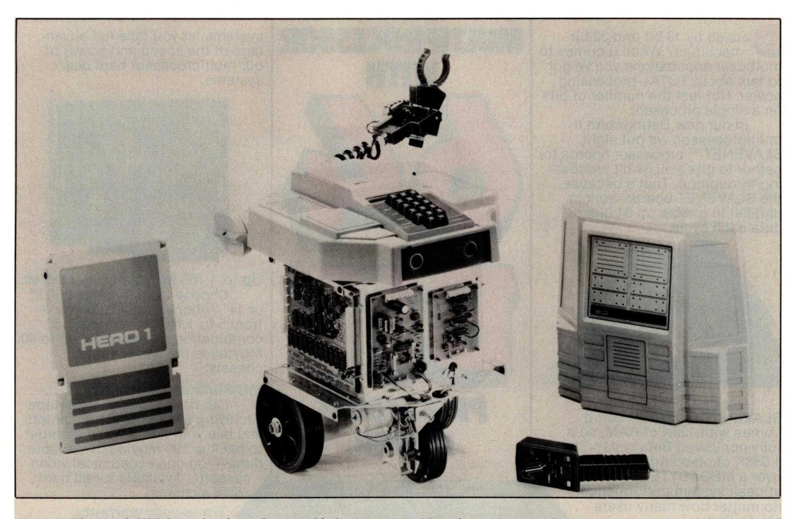 Figure 2 — "The Heath HERO-1 robot from the assembler's perspective": the robot with its shell panels removed, the teaching pendant (a wired remote controller) and the sensors in the head. This photograph of …