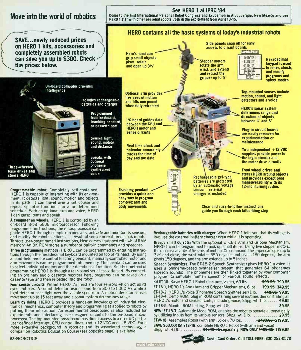 Figure 4 — Spring 1984, the price-cut page. The yellow flash at upper left advertises "newly reduced prices" saving up to $300; the red banner at the top invites readers to "See HERO 1 at IPRC '84", the First…