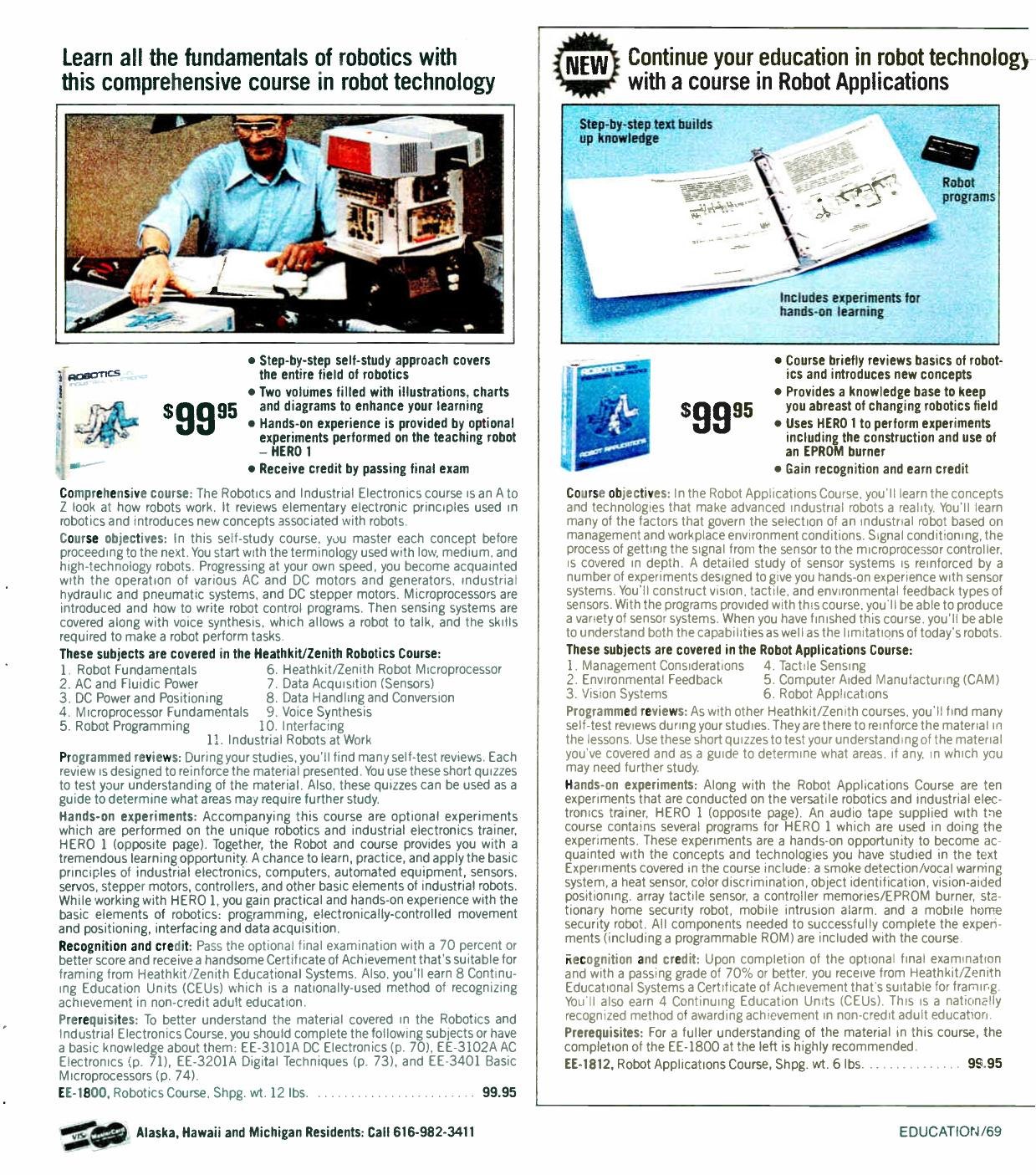 Figure 8 — The two courses side by side in Winter 1983–84: EE-1800, "Learn all the fundamentals of robotics", and the new EE-1812 Robot Applications course, "Continue your education in robot technology". Both…