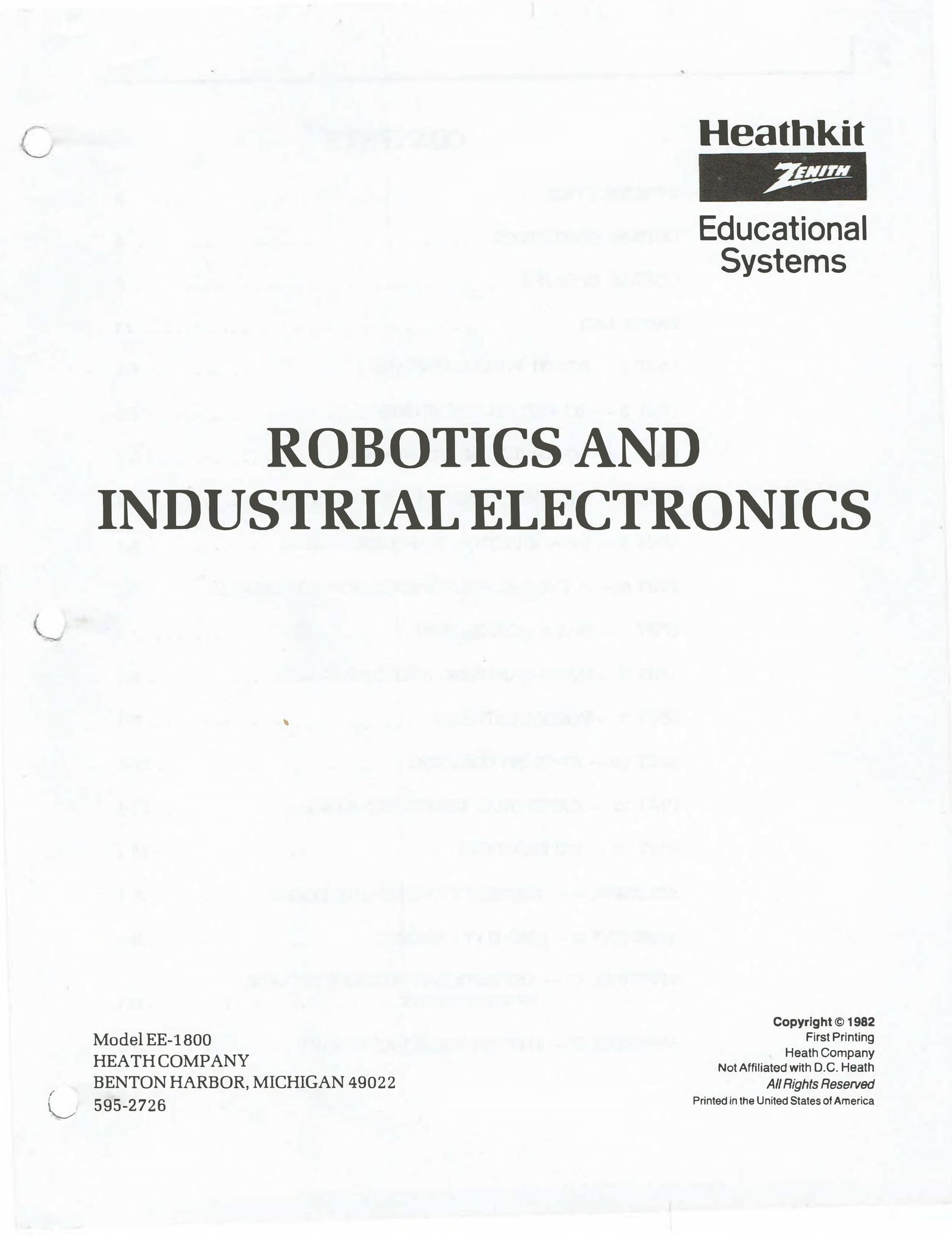 Figure 7 — The title page of the EE-1800 course text, Robotics and Industrial Electronics: Heathkit/Zenith Educational Systems, model EE-1800, Heath part number 595-2726, copyright 1982, first printing.