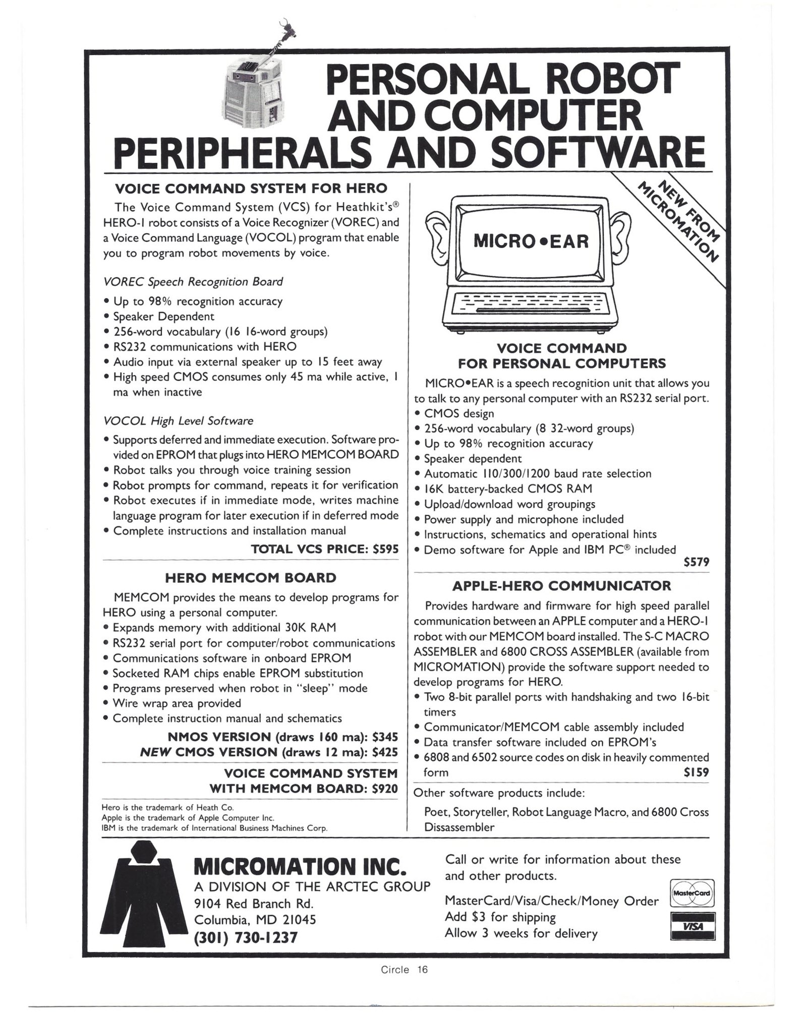 Figure 12 — Micromation's advertisement for HERO add-ons, August 1984: the Voice Command System ($595) and the MEMCOM memory and serial board ($345 or $425), beside its Micro-Ear recogniser for personal comput…