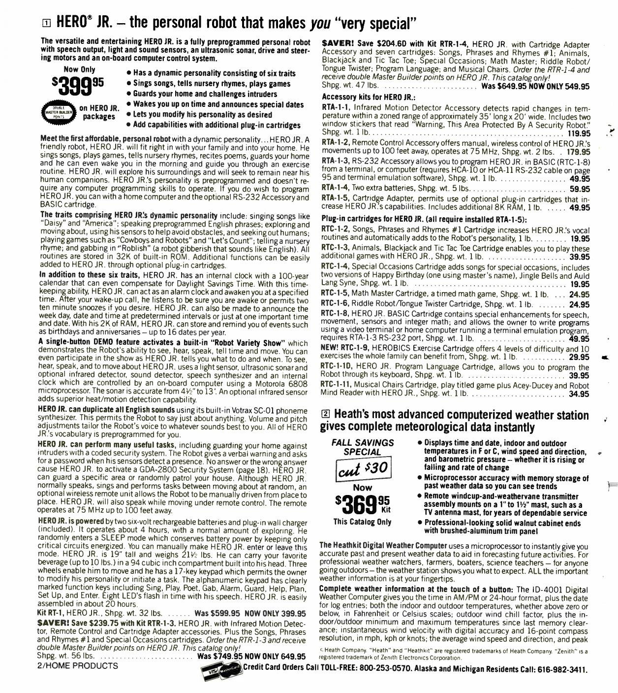 Figure 7 — Fall 1985: "HERO JR. — the personal robot that makes you 'very special'", with the kit marked down to $399.95 from $599.95 and the RTR "saver" packages. The new HEROBICS exercise cartridge is marke…