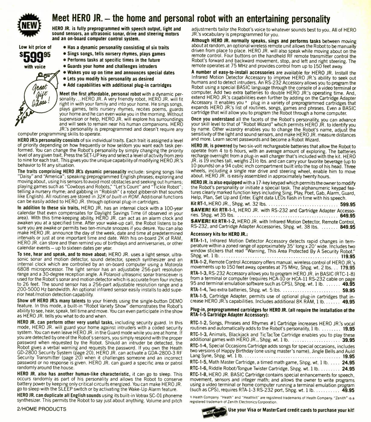 Figure 3 — The HERO Jr launch page, Christmas 1984: "Meet HERO JR. — the home and personal robot with an entertaining personality." The kit, RT-1, is $599.95. The right-hand column lists the accessories (RTA-…