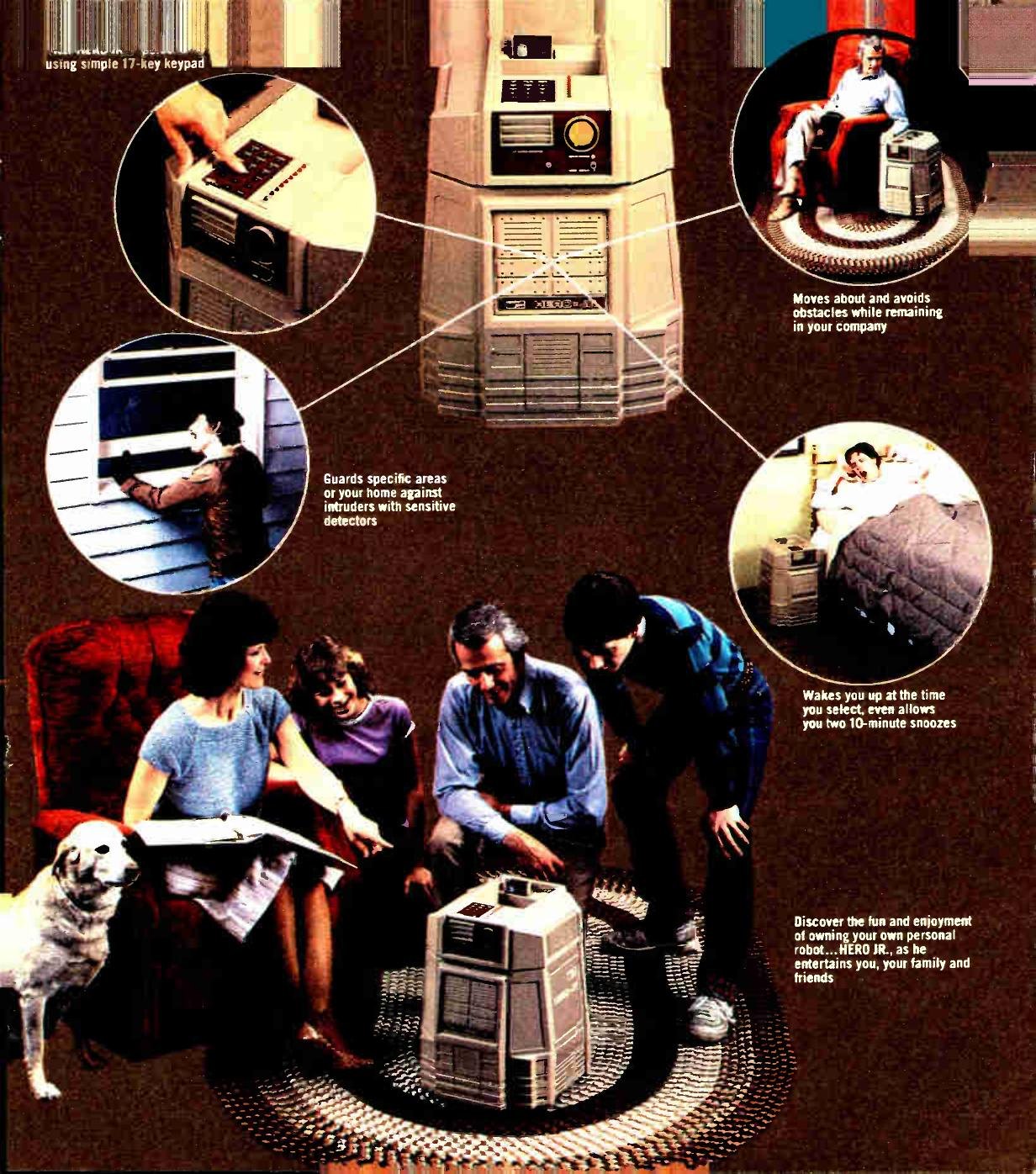 Figure 4 — The lifestyle spread that followed the launch page in Christmas 1984: HERO Jr waking its owner, guarding the house with the family dog, carrying a drink and exercising with the family. Heath had ne…
