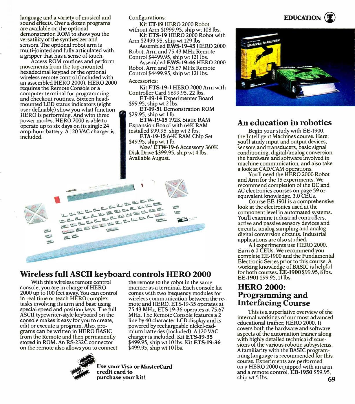 Figure 1 — Fall 1987, the HERO 2000 page in the Education section: the wireless ASCII keyboard console, the new auto-docking accessory, and the 360K disk drive "Available August". The HERO 2000 courses fill t…