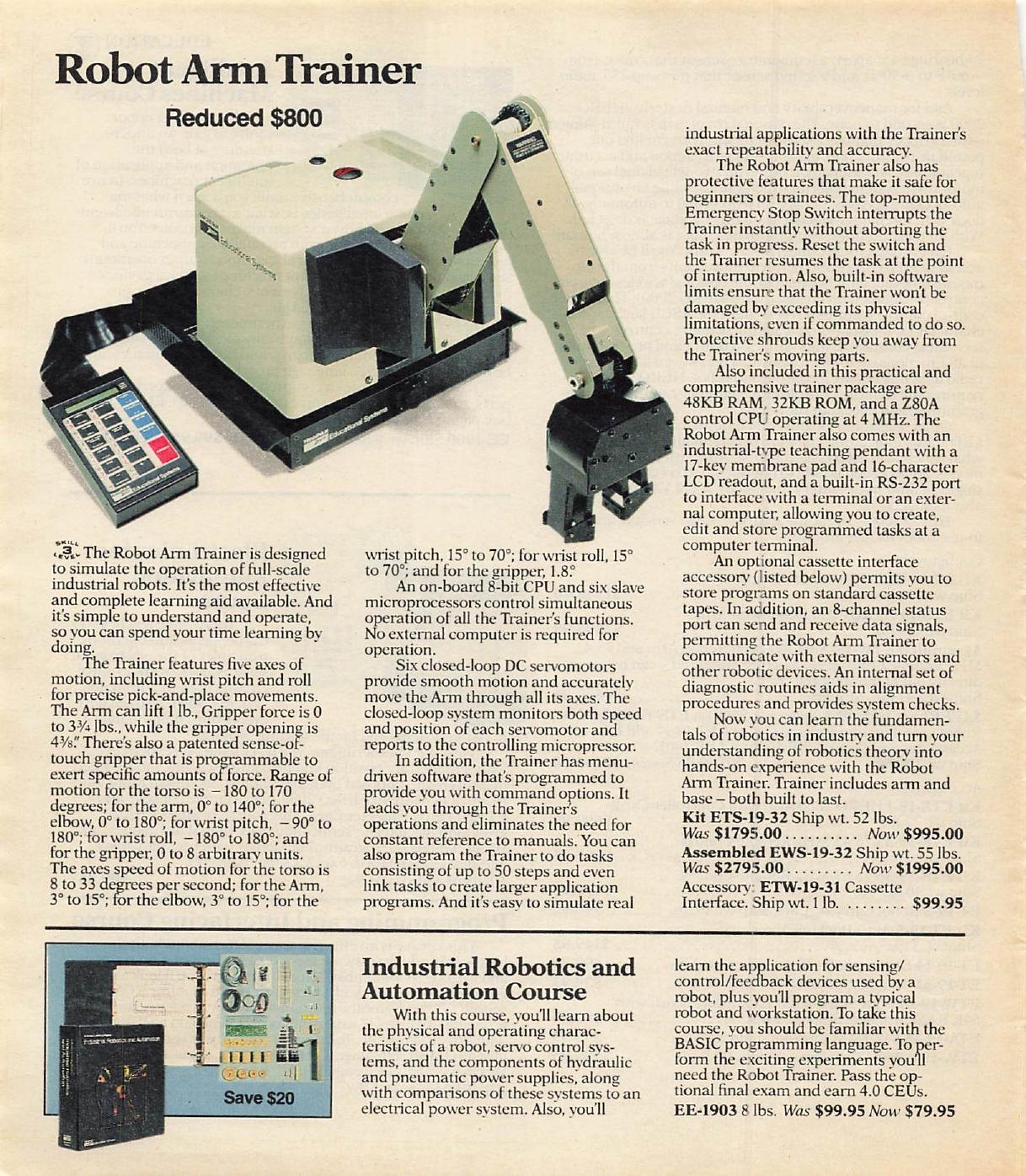 Figure 5 — "Robot Arm Trainer — Reduced $800", Spring 1988, with the EE-1903 Industrial Robotics and Automation course below it at a reduced $79.95.