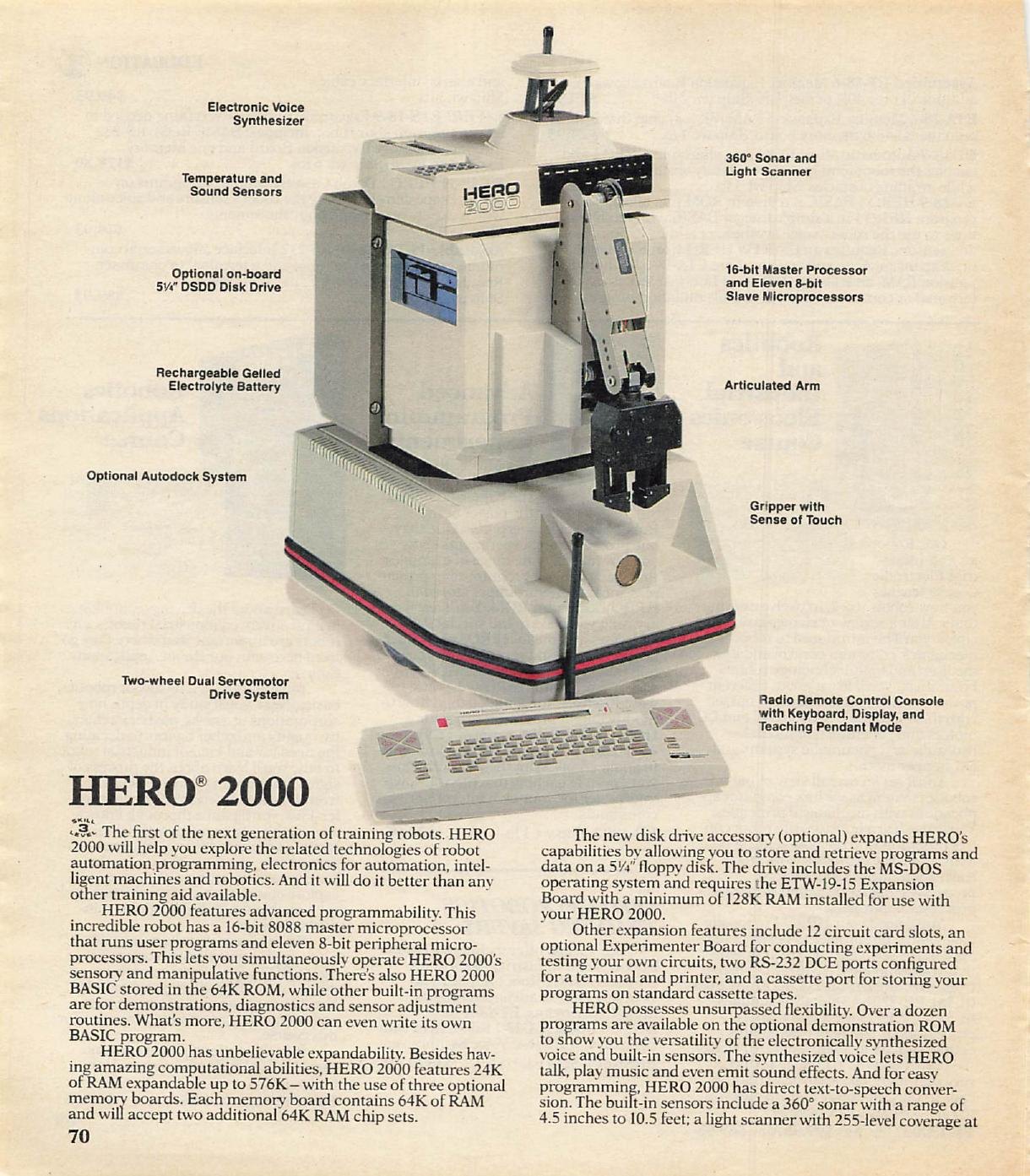 Figure 3 — Spring 1988, the last catalogue found with the robots: "HERO 2000 — The first of the next generation of training robots," with the labelled photograph Heath used to identify the 360° sonar and ligh…