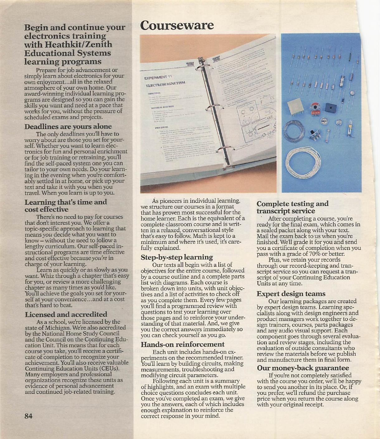 Figure 7 — The first page of the education section in Spring 1990: Heathkit/Zenith Educational Systems' home-study courses, "licensed by the state of Michigan", with no robot among the trainers.