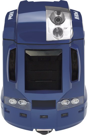 Figure 8 — The HE-RObot as shown on heathkit.com in 2007–2010: a dark blue PC-BOT body with the camera and sensor cluster in a clear head, and headlights at the base. The image is small, but it is Heathkit's …