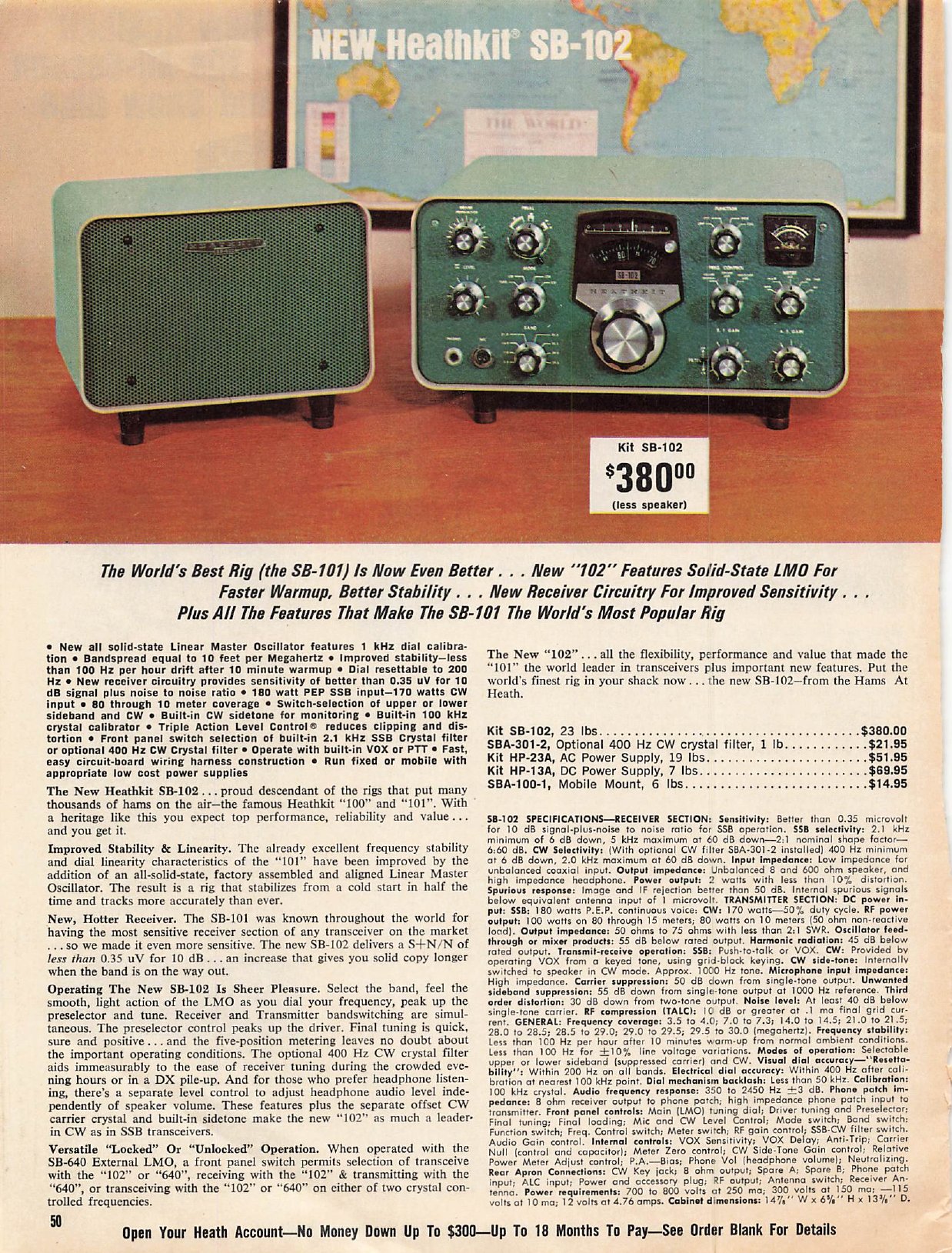 Figure 9 — The launch page. "NEW Heathkit SB-102", $380 less speaker, shown with the matching SB-600 speaker cabinet in front of a world map. The feature list opens with the "New all solid-state Linear Master…
