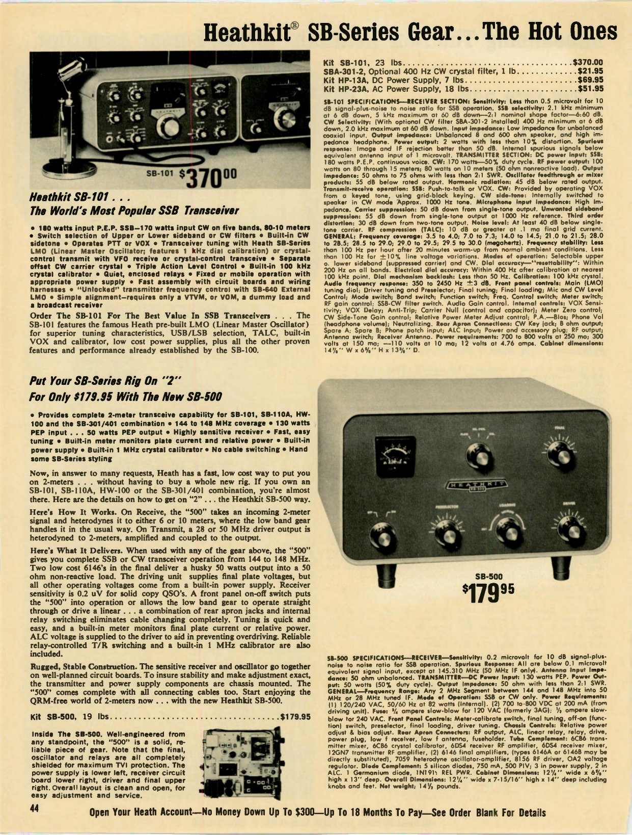 Figure 6 — The SB-101's last catalogue season, Winter 1970: "Heathkit SB-Series Gear... The Hot Ones", with the SB-101 still at $370 and the new SB-500 two-metre transverter at $179.95 below it. The SB-500 la…