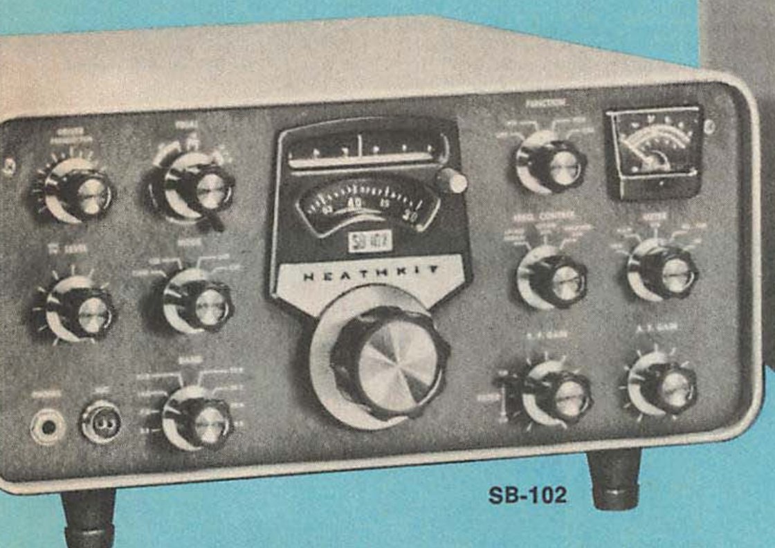 Figure 1 — The SB-102 as Heath photographed it for the 1973 catalogue. Top row, left to right: DRIVER PRESELECTOR, FINAL tuning with the loading lever, and the FUNCTION switch beside the meter; the slide-rule…