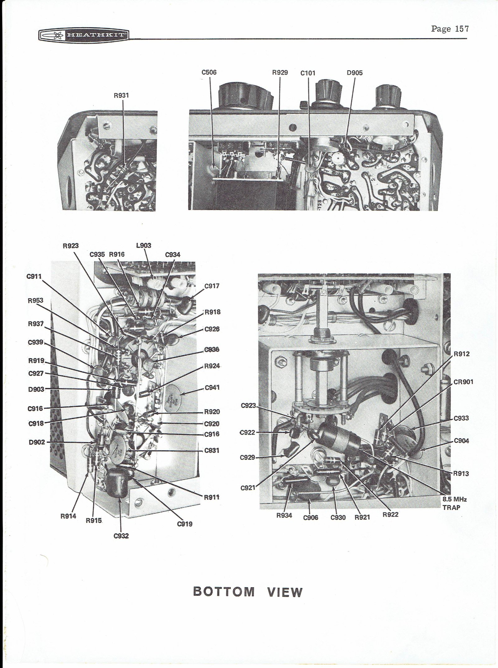 Figure 16 — Bottom view. Lower left: the finals' grid and TALC network, with grid resistor R916, voltage-doubler diodes D902 and D903, and the R914, R915, C931 and C932 filter that gives the ALC line its fast …