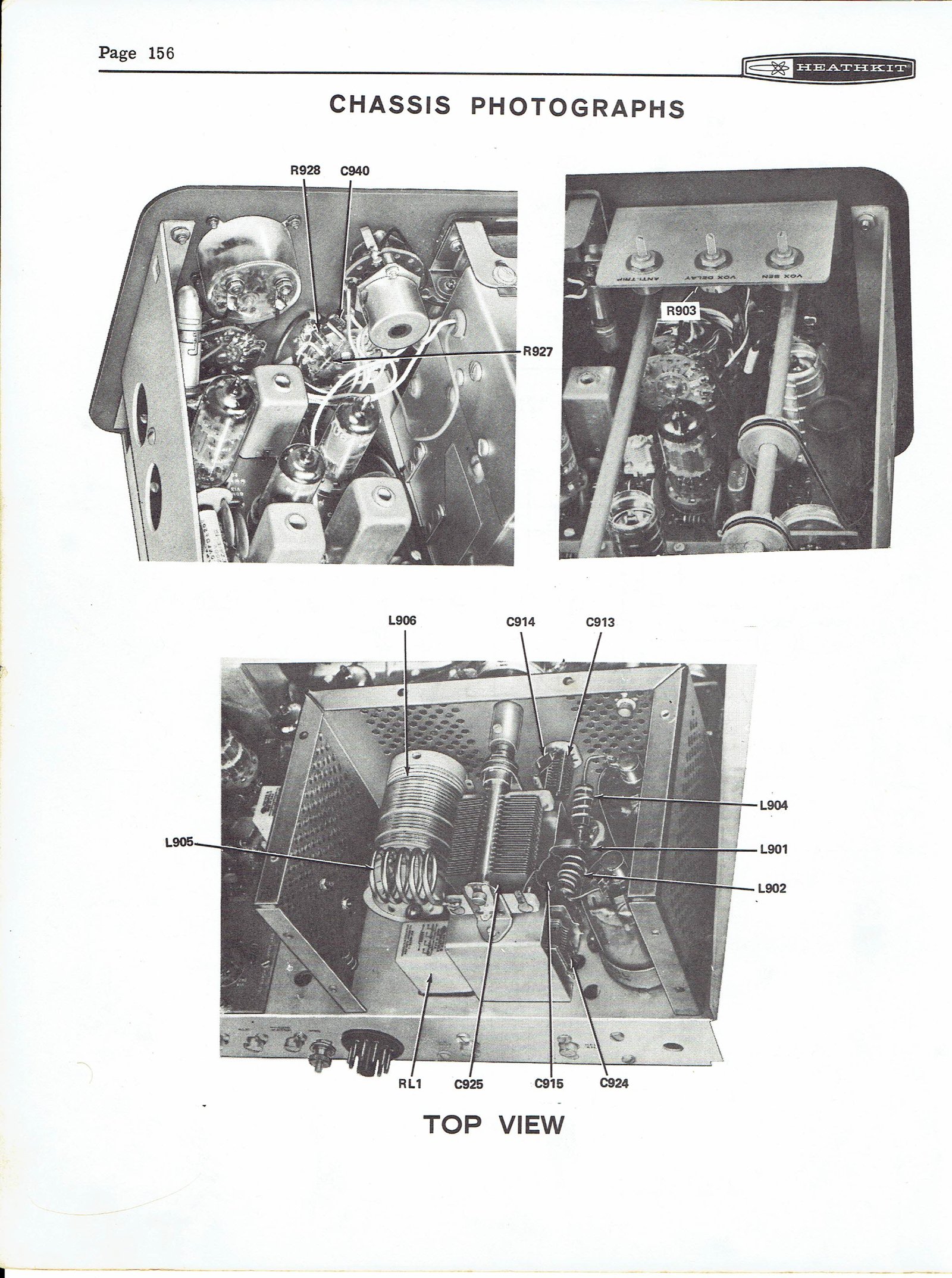 Figure 15 — The manual's chassis photographs, top view. Upper left: the auxiliary crystal oscillator area, with R927, R928 and C940 labelled. Upper right: the control bracket under the hinged lid carrying ANTI…