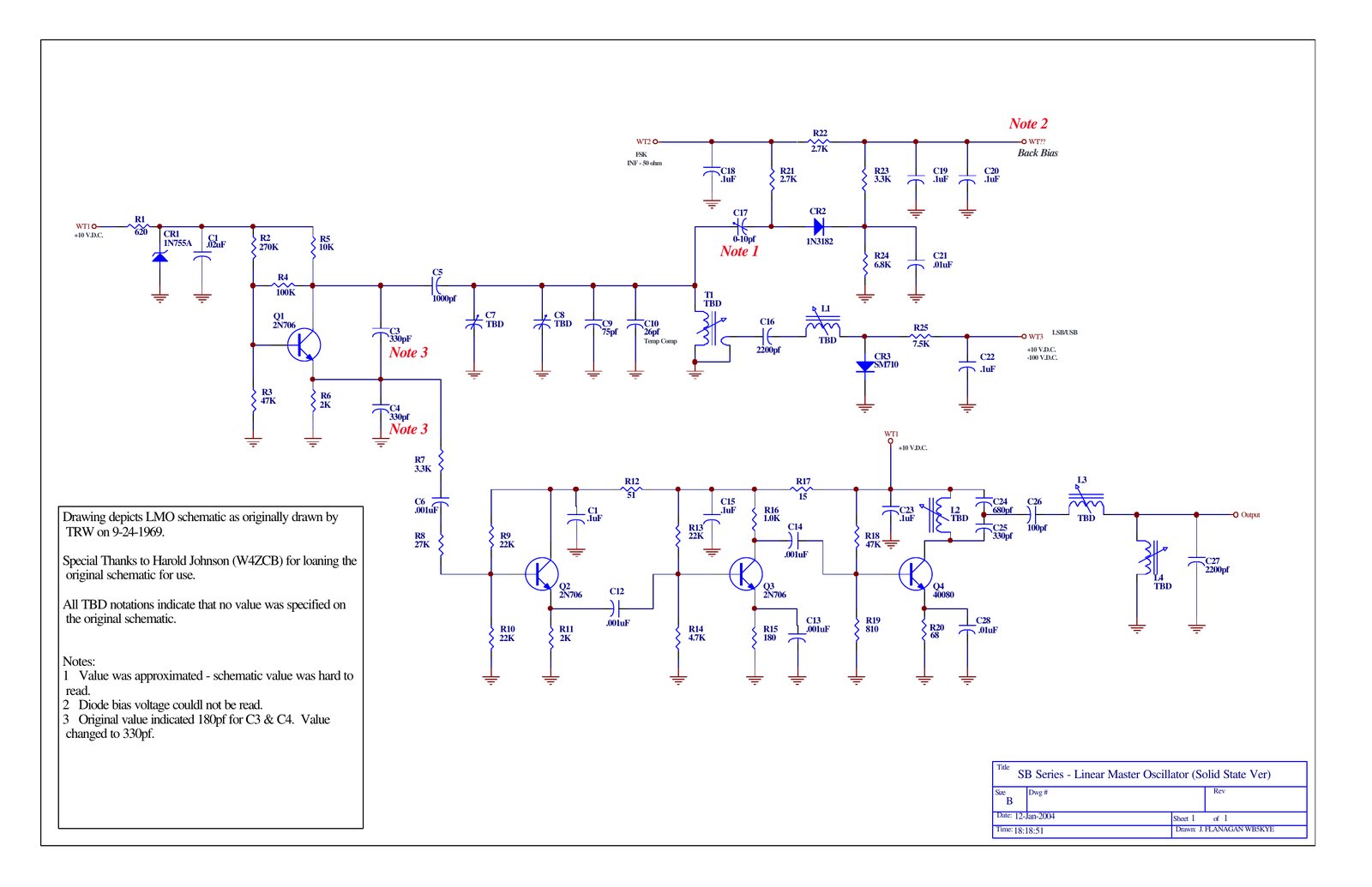 Figure 5 — The redrawn schematic of the SB-series solid-state LMO: 2N706 oscillator Q1 at upper left with its temperature-compensating capacitors, the SM710 sideband-shift diode and 1N3182 FSK varactor above …