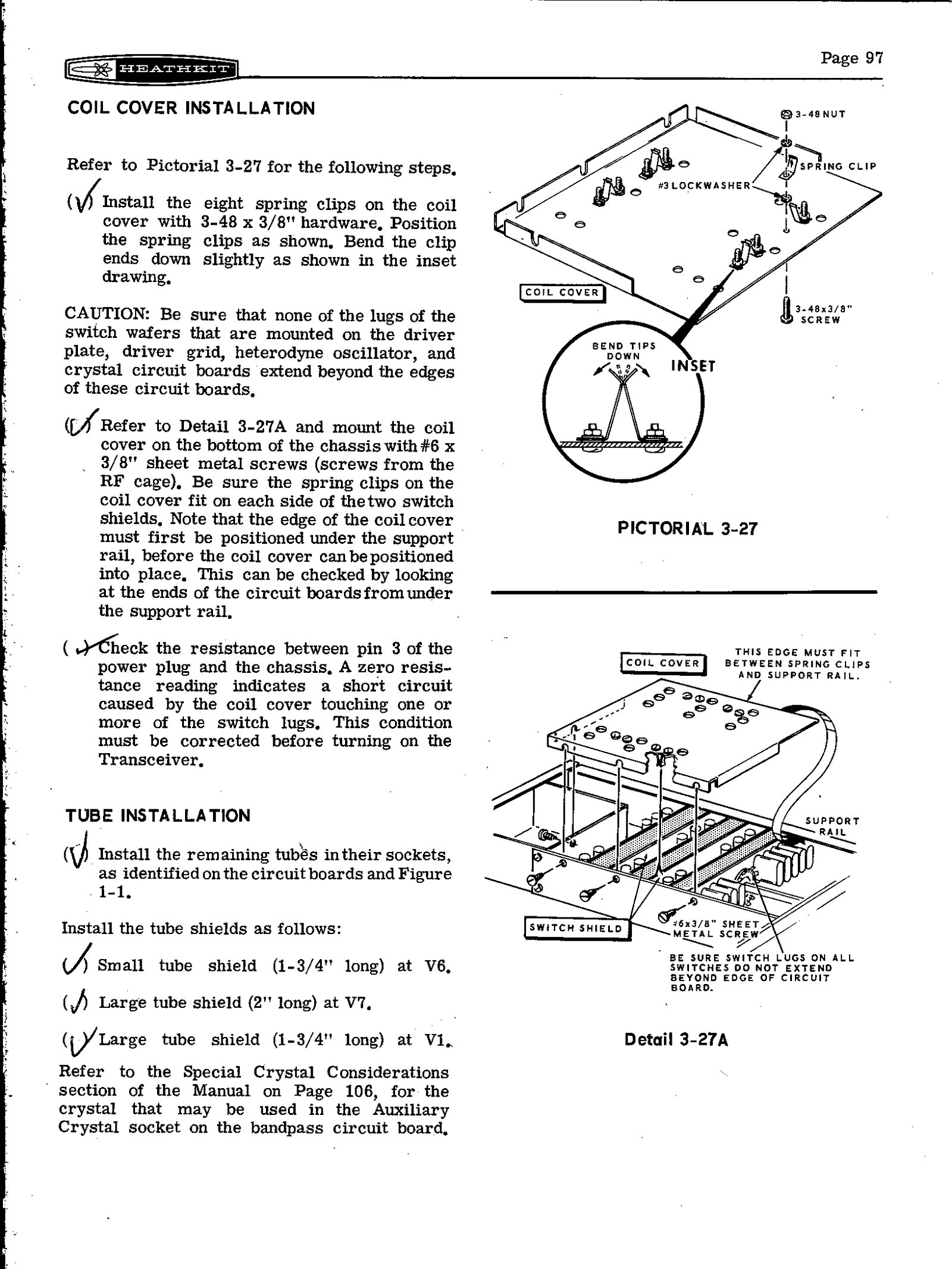 Figure 14 — Page 97: the coil cover with its eight spring clips, the caution that no switch-wafer lug may extend beyond the edge of its circuit board, the resistance check from power-plug pin 3 to chassis, and…