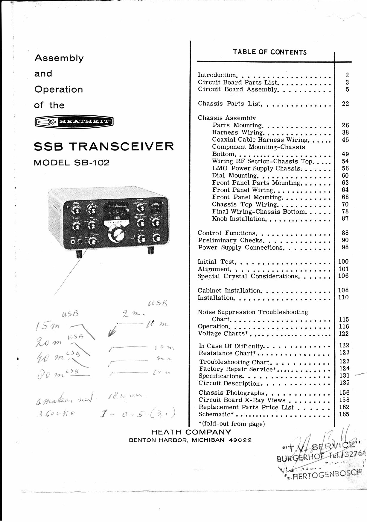 Figure 2 — The title page and table of contents. This copy has an owner's pencilled band and sideband notes and a service-shop stamp from 's-Hertogenbosch in the Netherlands; the kit was sold in Europe throug…