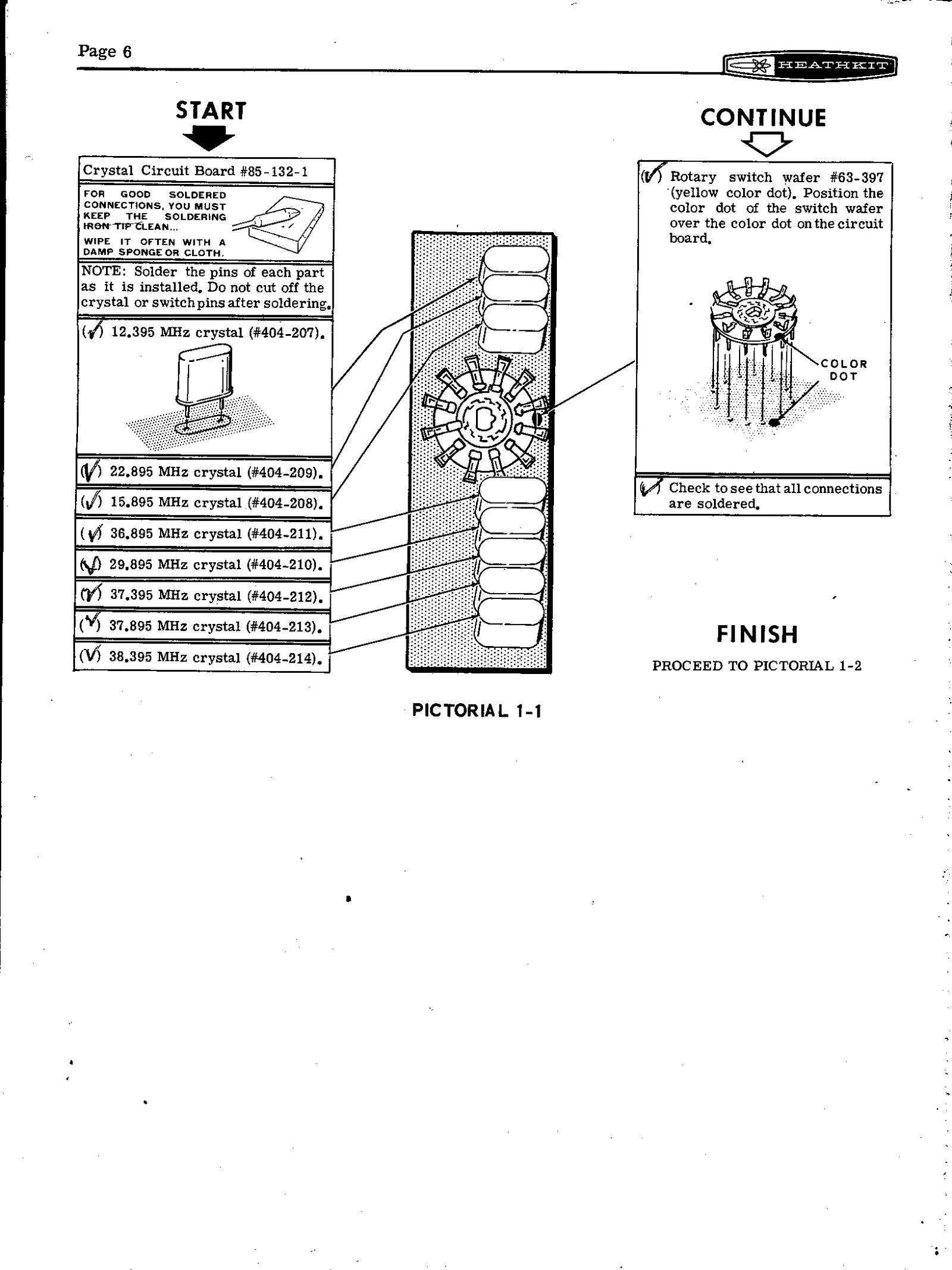 Figure 4 — The first step-by-step page: crystal circuit board #85-132-1, with the eight heterodyne crystals checked off one by one and the rotary switch wafer #63-397 positioned by its colour dot. The pencil …