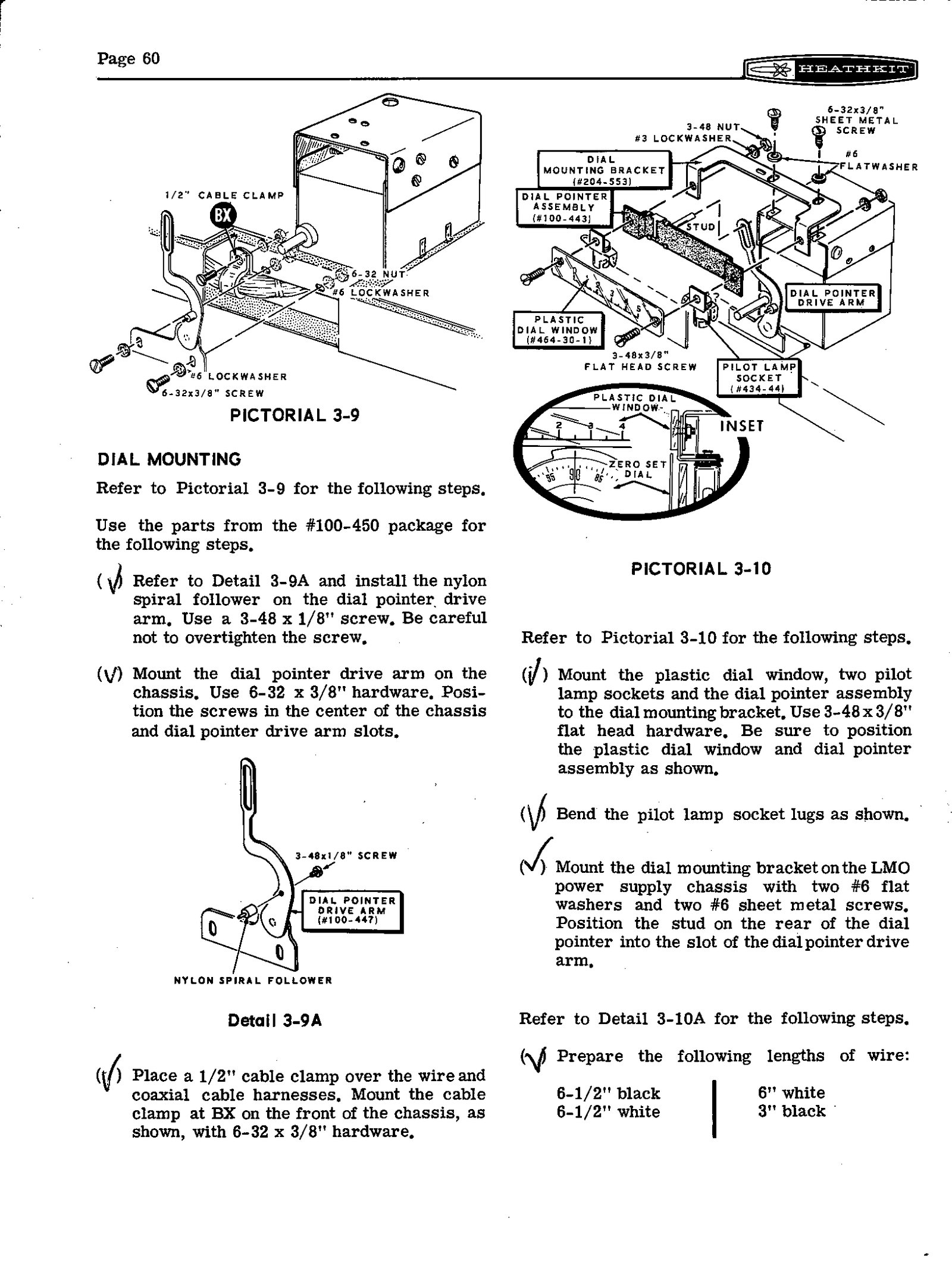 Figure 10 — Page 60, "Dial Mounting": the nylon spiral follower on the dial pointer drive arm (Detail 3-9A), and Pictorial 3-10 with the plastic dial window, pilot-lamp sockets and dial pointer assembly on the…