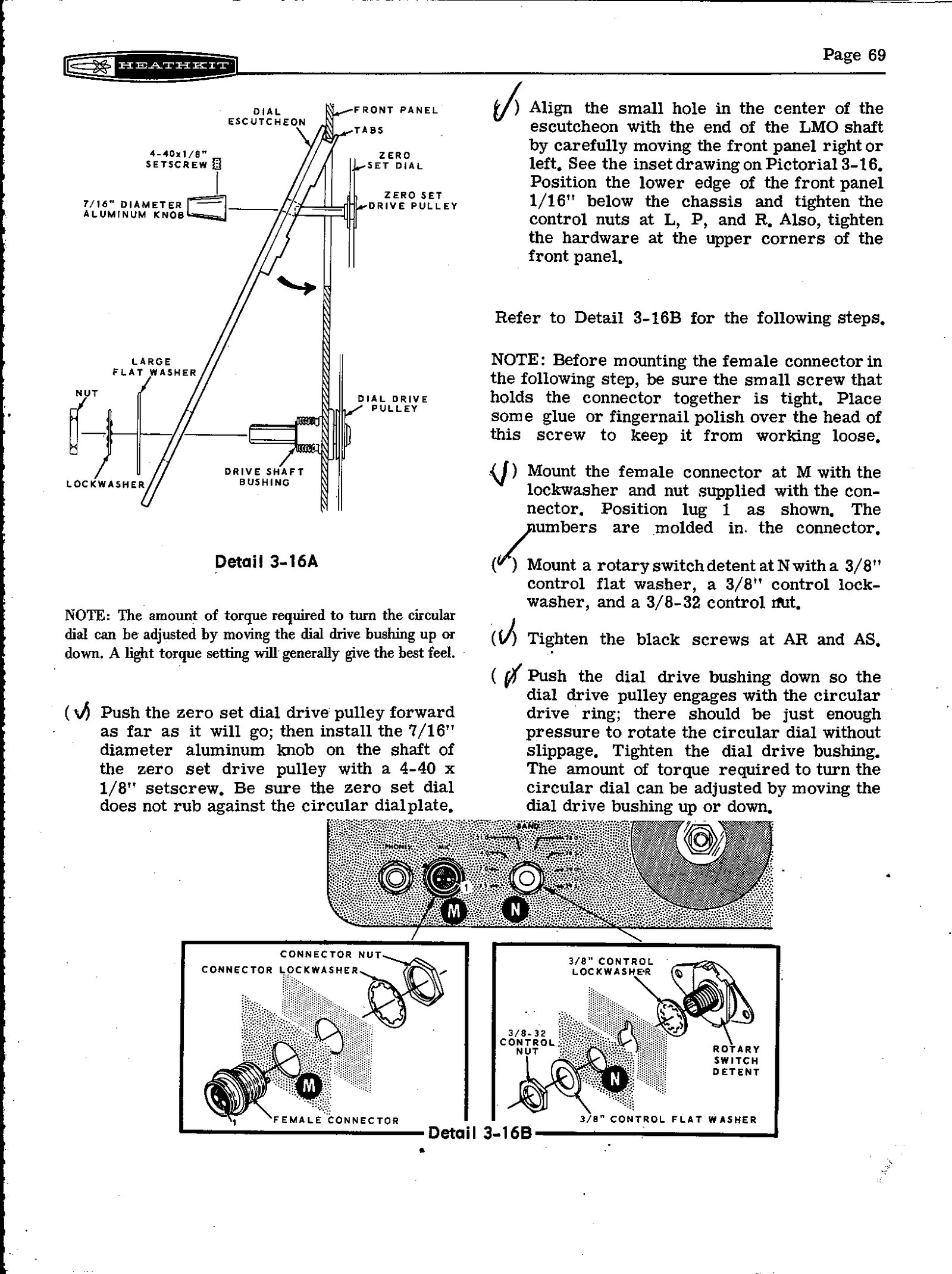 Figure 12 — Page 69: fitting the dial escutcheon, the zero-set dial drive pulley and its 7/16-inch aluminium knob, and the main tuning bushing. The note at lower left explains that the drag on the tuning knob …