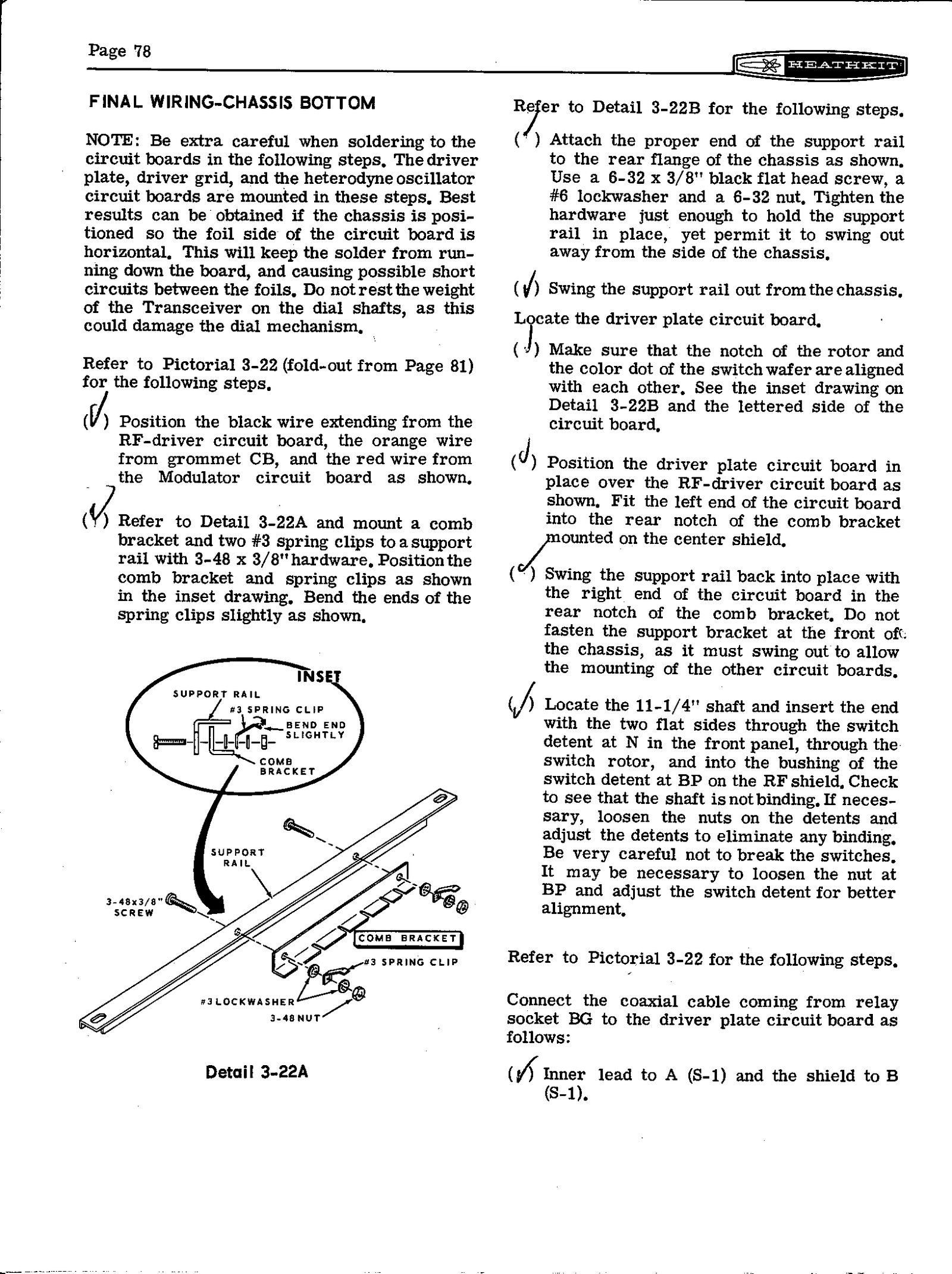 Figure 13 — Page 78, "Final Wiring–Chassis Bottom": swinging the driver plate circuit board into place on its support rail, aligning its switch wafer with the band-switch shaft, and connecting the coaxial cabl…