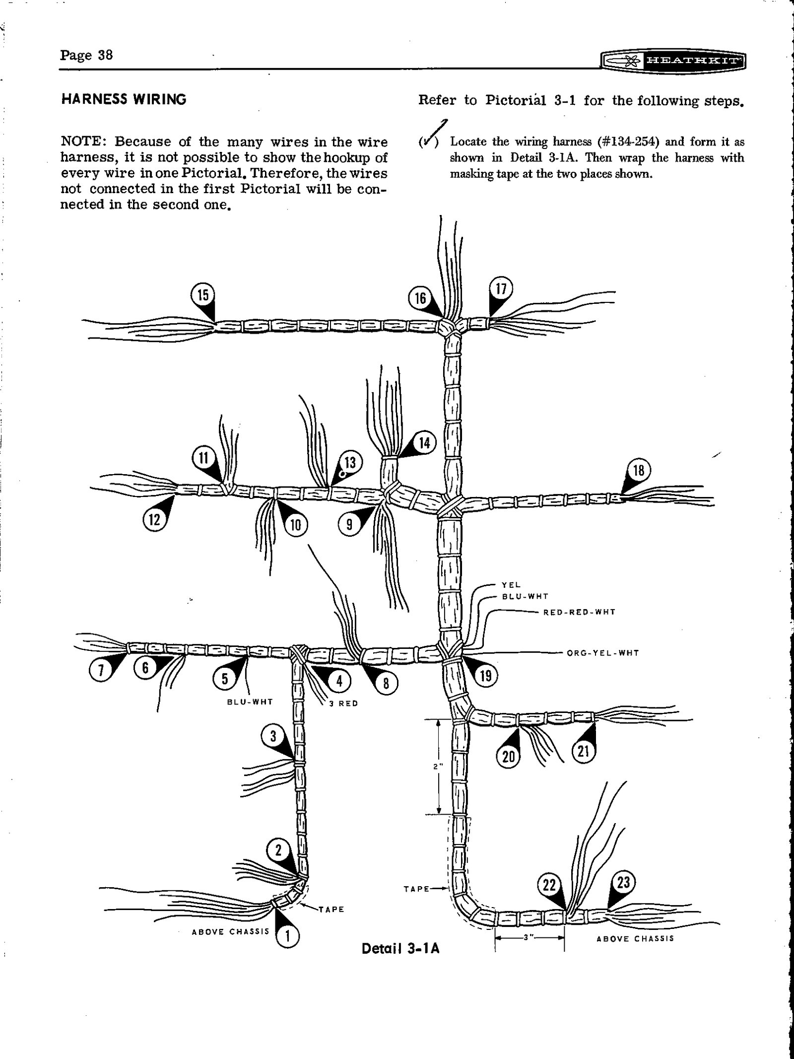 Figure 8 — Harness wiring, page 38: the wiring harness #134-254 drawn flat with every breakout numbered, and the note that the harness has so many wires that the hookup takes two pictorials.