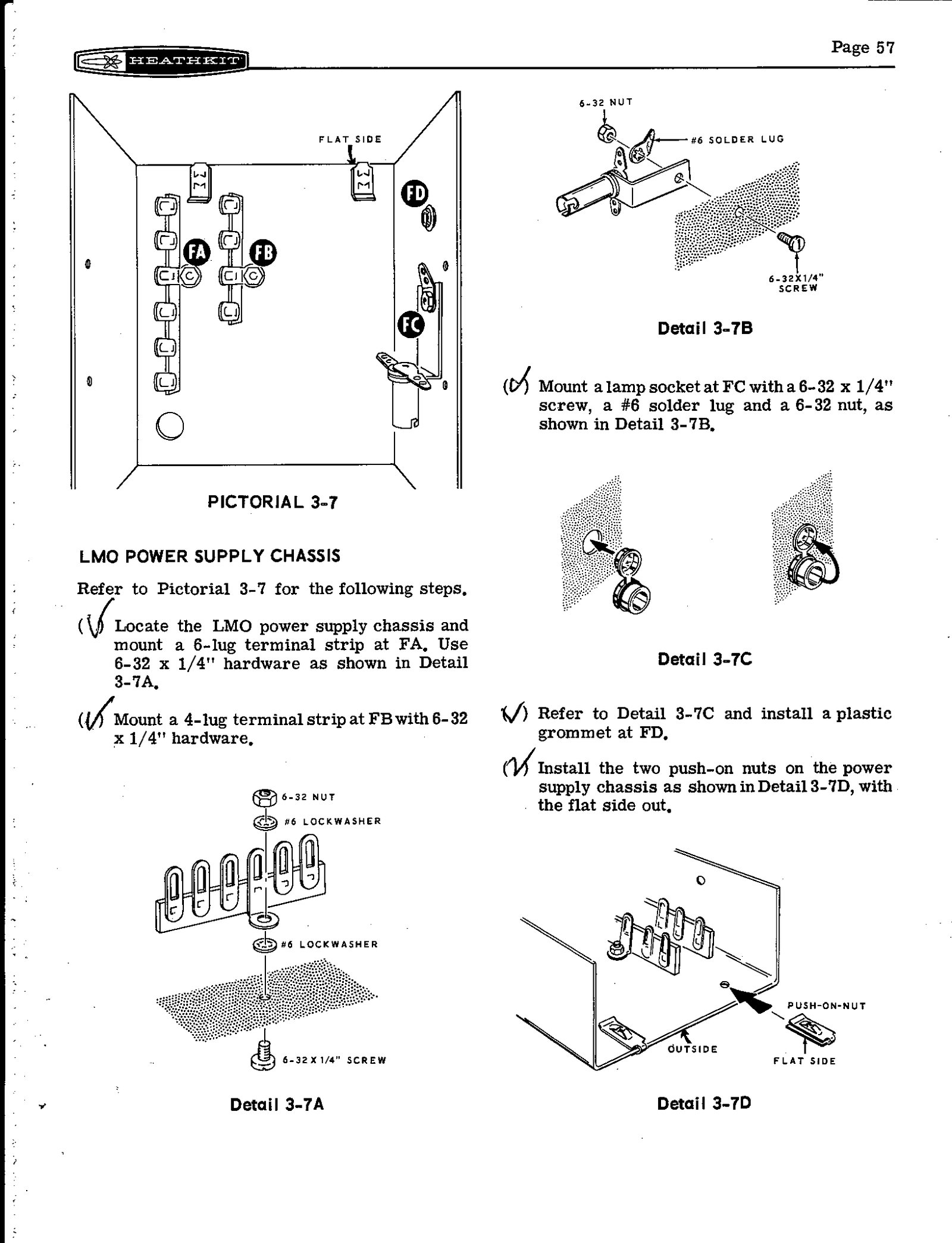 Figure 9 — Page 57, "LMO Power Supply Chassis": Pictorial 3-7 shows the bent-metal chassis with terminal strips FA and FB, lamp socket FC and grommet FD, and the details show the hardware for each.