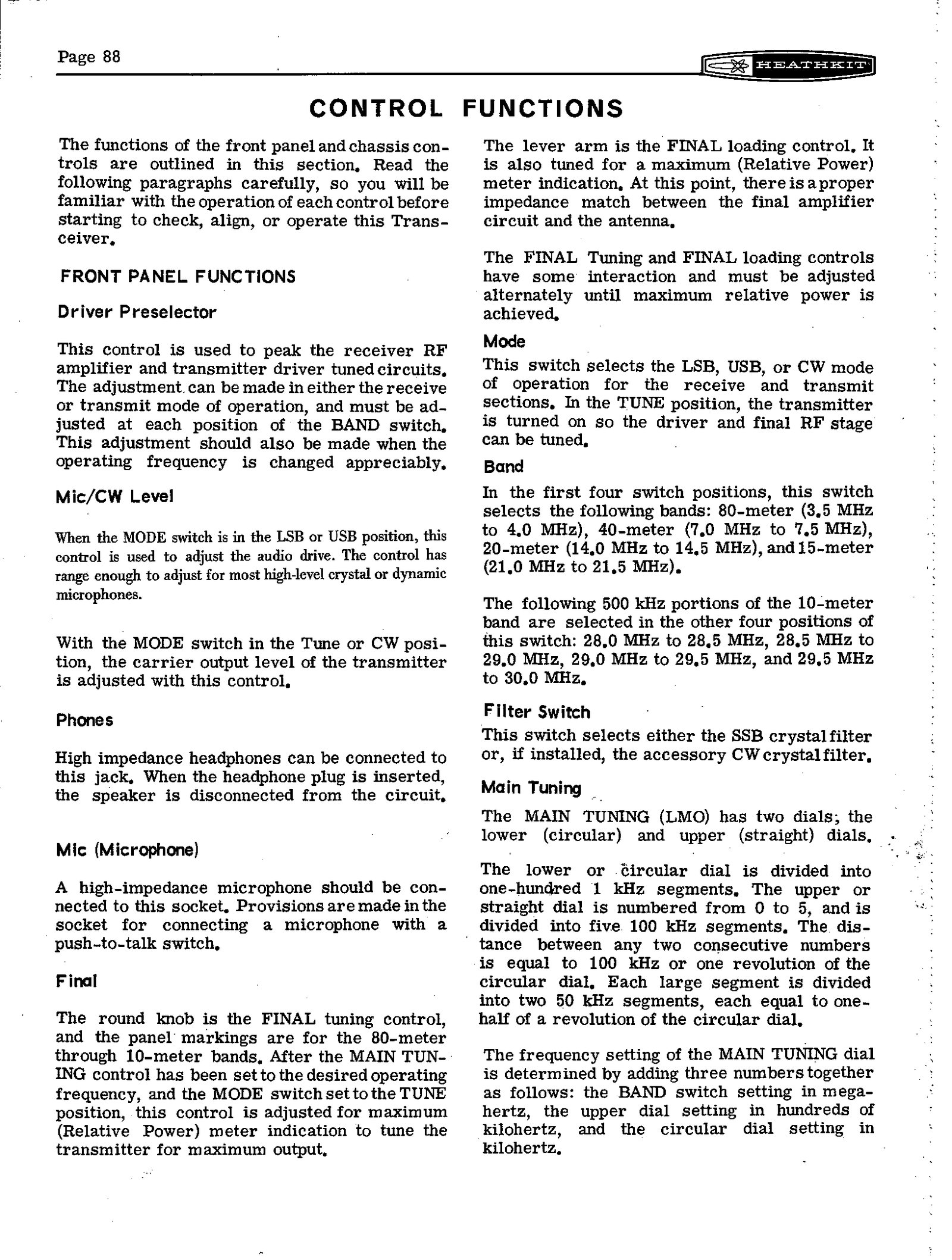 Figure 8 — Page 88, "Control Functions": how each front-panel control is used, including the explanation of the two-part dial — a circular dial of one hundred 1 kHz divisions and a straight dial numbered 0 to…