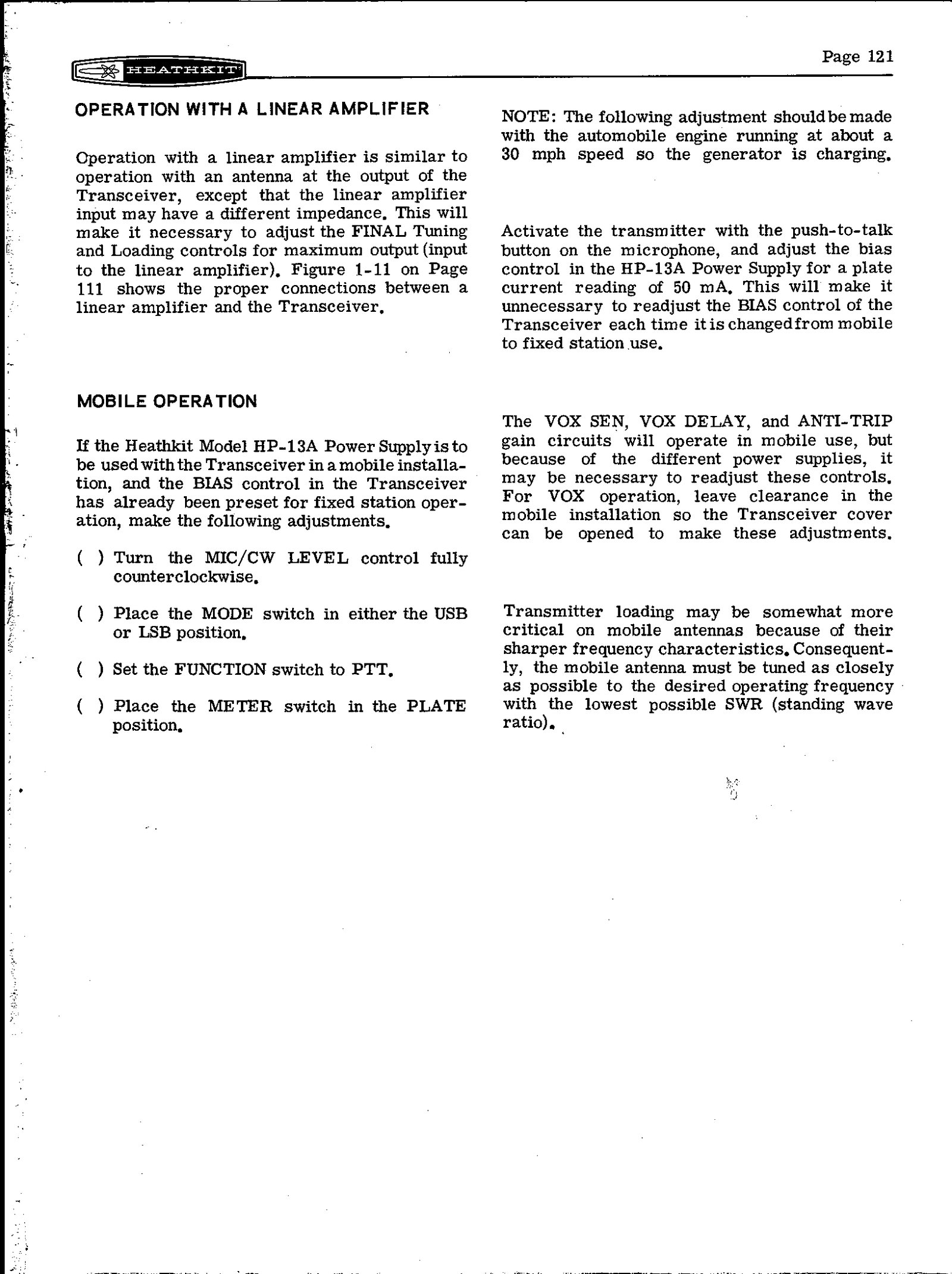 Figure 12 — Page 121: operation with a linear amplifier, and mobile operation with the HP-13A supply, whose own bias control is set for 50 mA with the engine running "at about a 30 mph speed so the generator i…