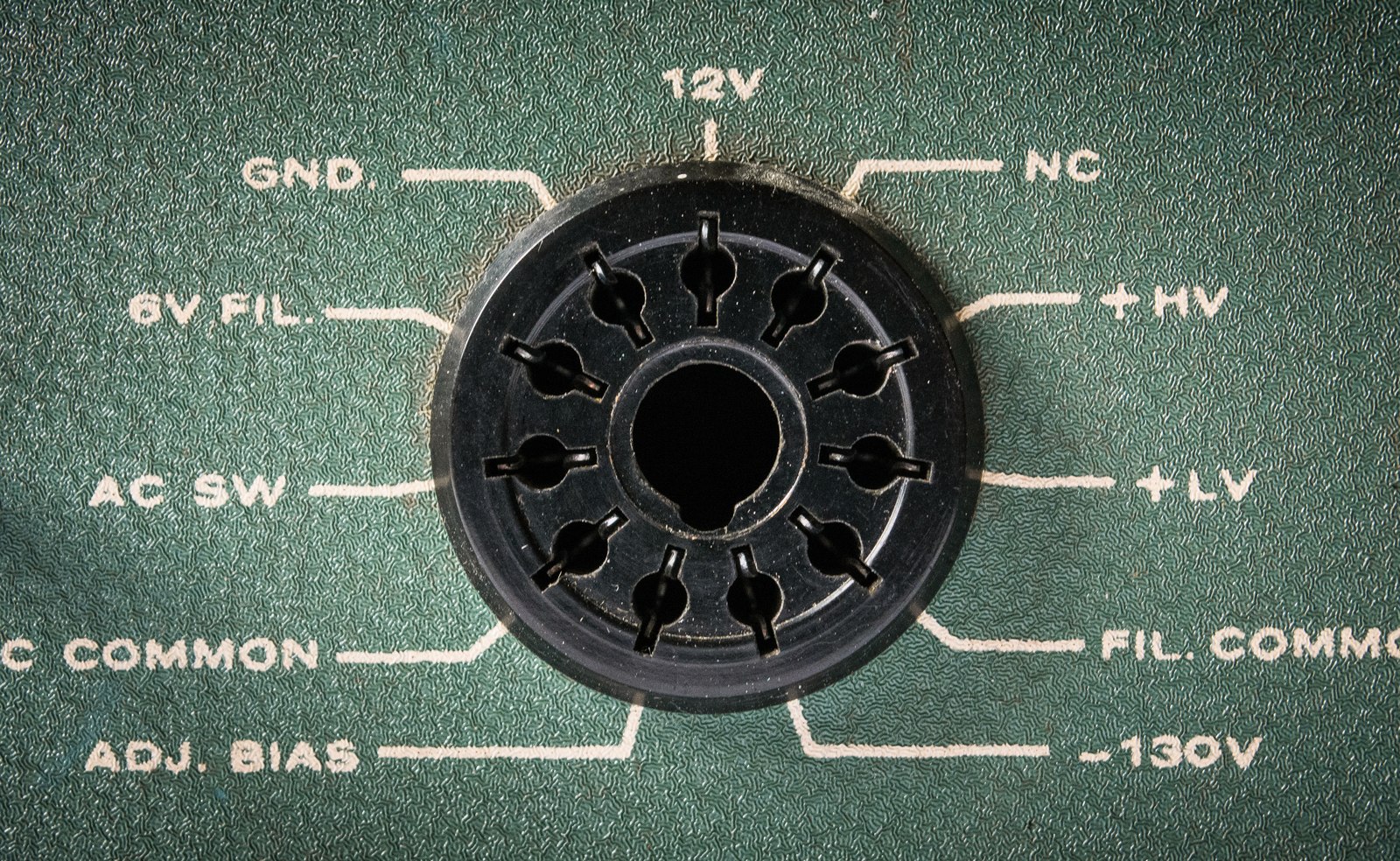 Figure 1 — The 11-pin power connector on a Heathkit supply, with its pins labelled: +HV, +LV, −130 V bias, ADJ. BIAS, the 6 V and 12 V filament taps, AC switch, ground. Every voltage the SB-102 uses comes thr…