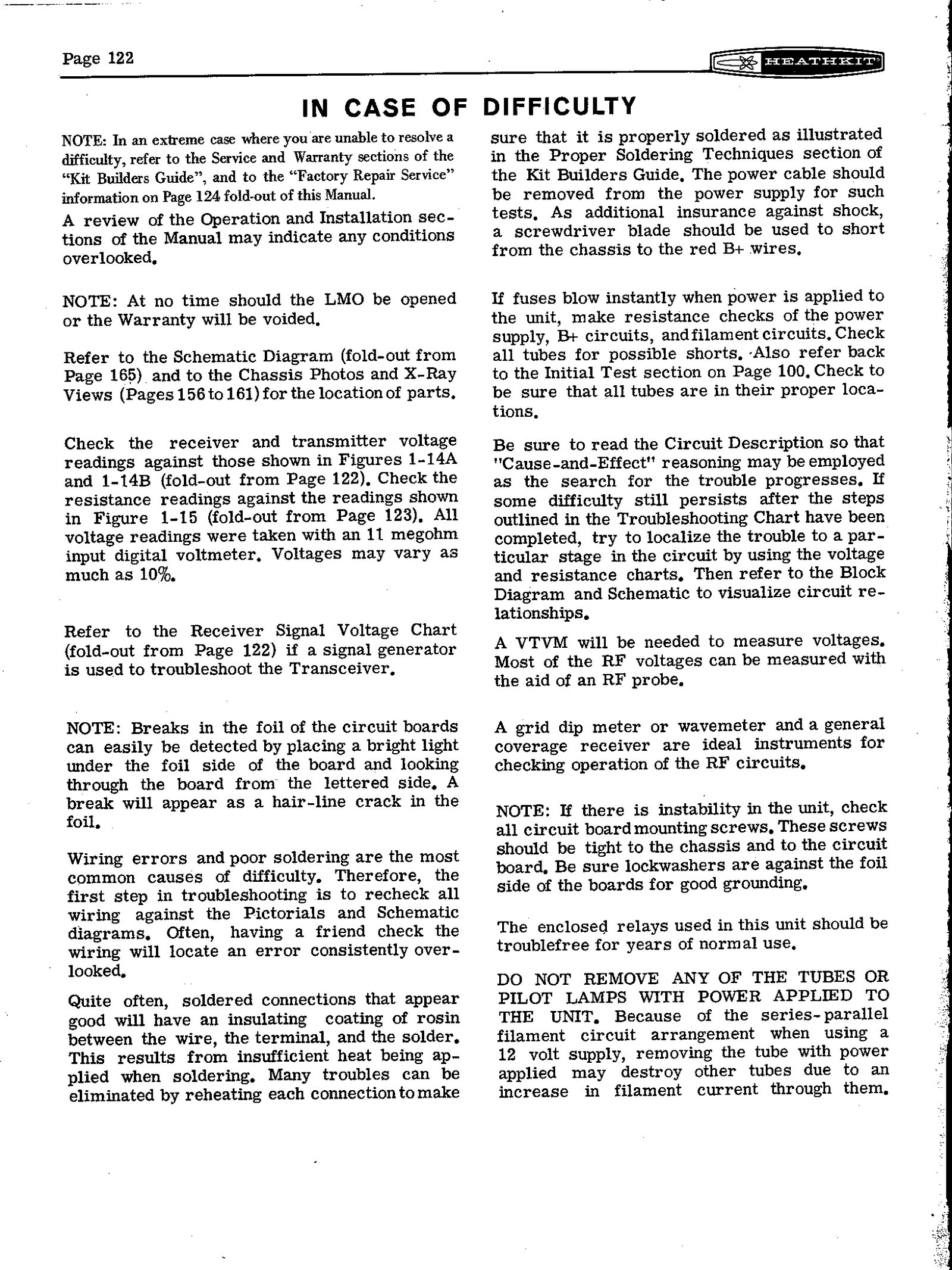 Figure 2 — Page 122, "In Case of Difficulty": the warning that the LMO must never be opened, the reference to the voltage and resistance fold-outs taken with an 11 MΩ digital voltmeter, the advice to have a f…