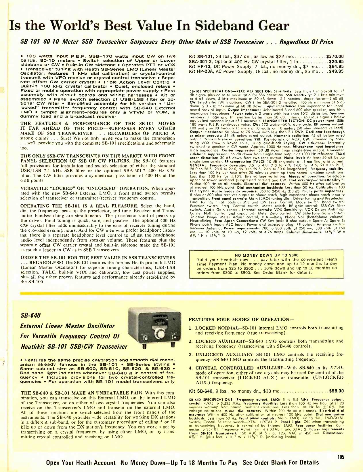 Figure 8 — The 1969 catalogue page for the SB-101 ($370) with the SB-640 External Linear Master Oscillator ($99) set out below it, and its "four modes of operation" — the combinations the SB-102's FREQ CONTRO…
