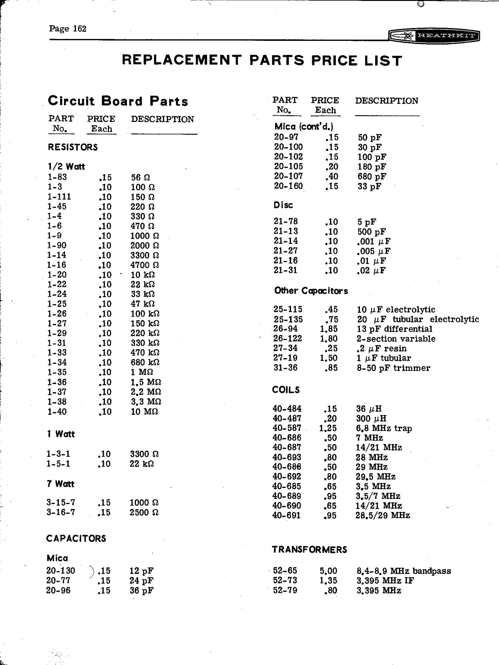 Figure 5 — The first page of the replacement parts price list: circuit-board resistors at 10 cents, capacitors, coils and the IF transformers, including the 3.395 MHz transformers and the 8.4–8.9 MHz bandpass…