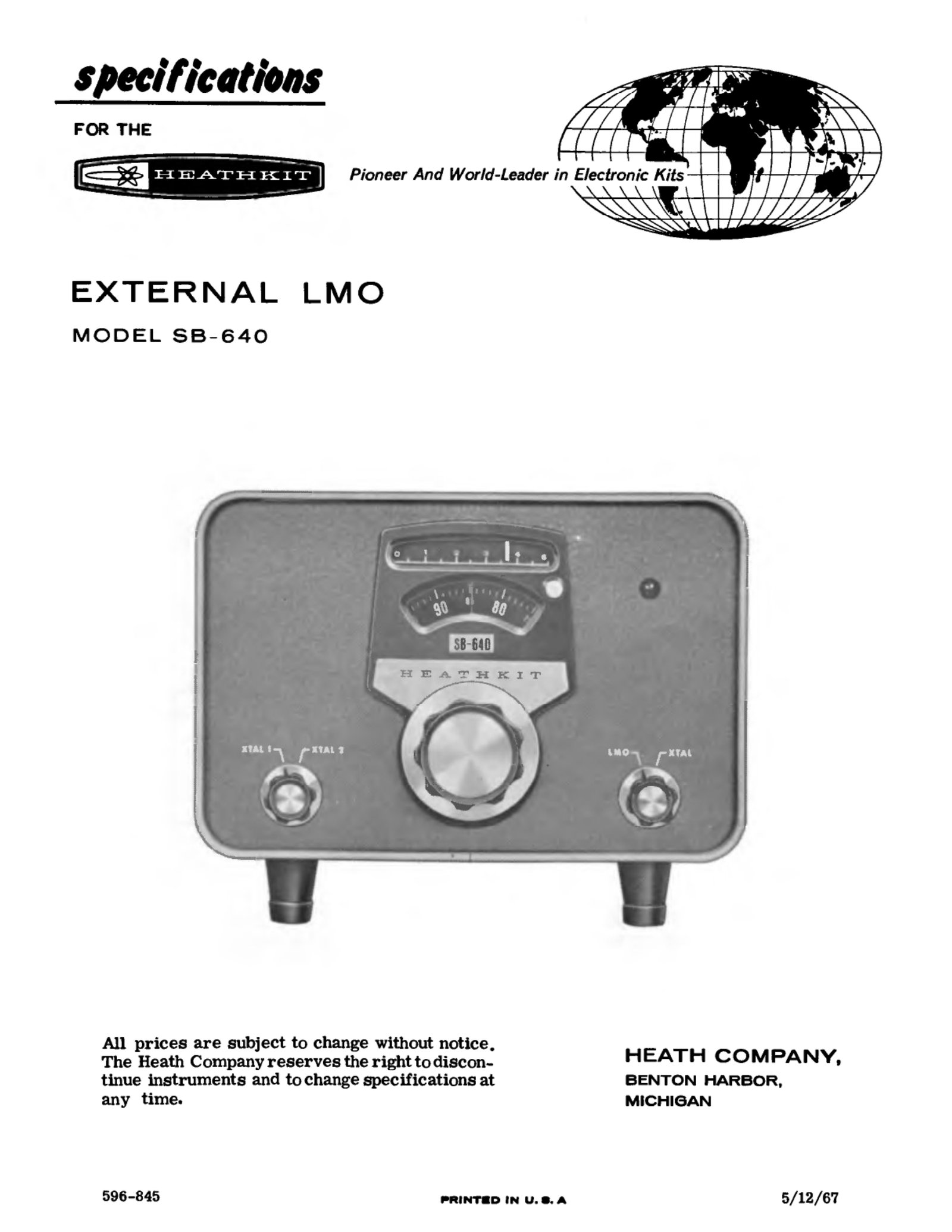 Figure 9 — The SB-640 External LMO specification sheet, form 596-845, printed 12 May 1967: LMO output 5 to 5.5 MHz, crystal output 4.975 to 5.525 MHz, the same stability and dial figures as the SB-101, and po…