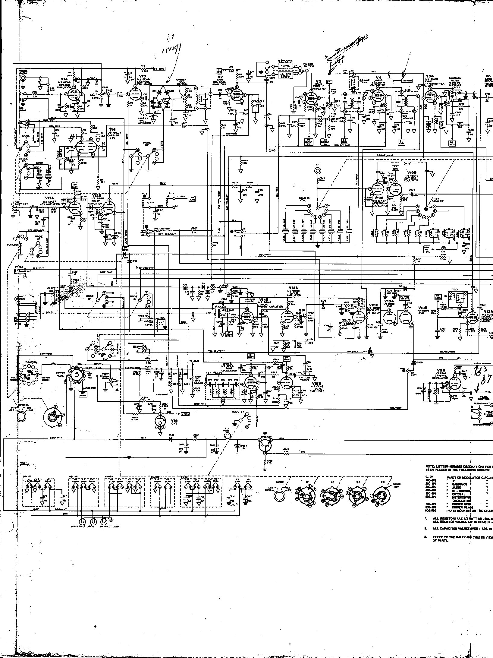 Figure 11 — The left half of the fold-out schematic, "Schematic of the Heathkit SSB Transceiver Model SB-102": the transmitter across the top and the receiver across the bottom, with the modulator, IF and band…
