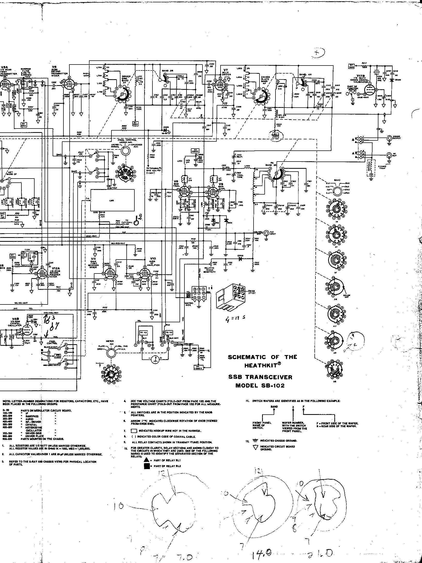 Figure 12 — The right half of the schematic, with the driver, finals, relays, metering, the LMO power supply and the title block and notes. This copy carries a previous owner's pencilled tube-pin sketches at t…