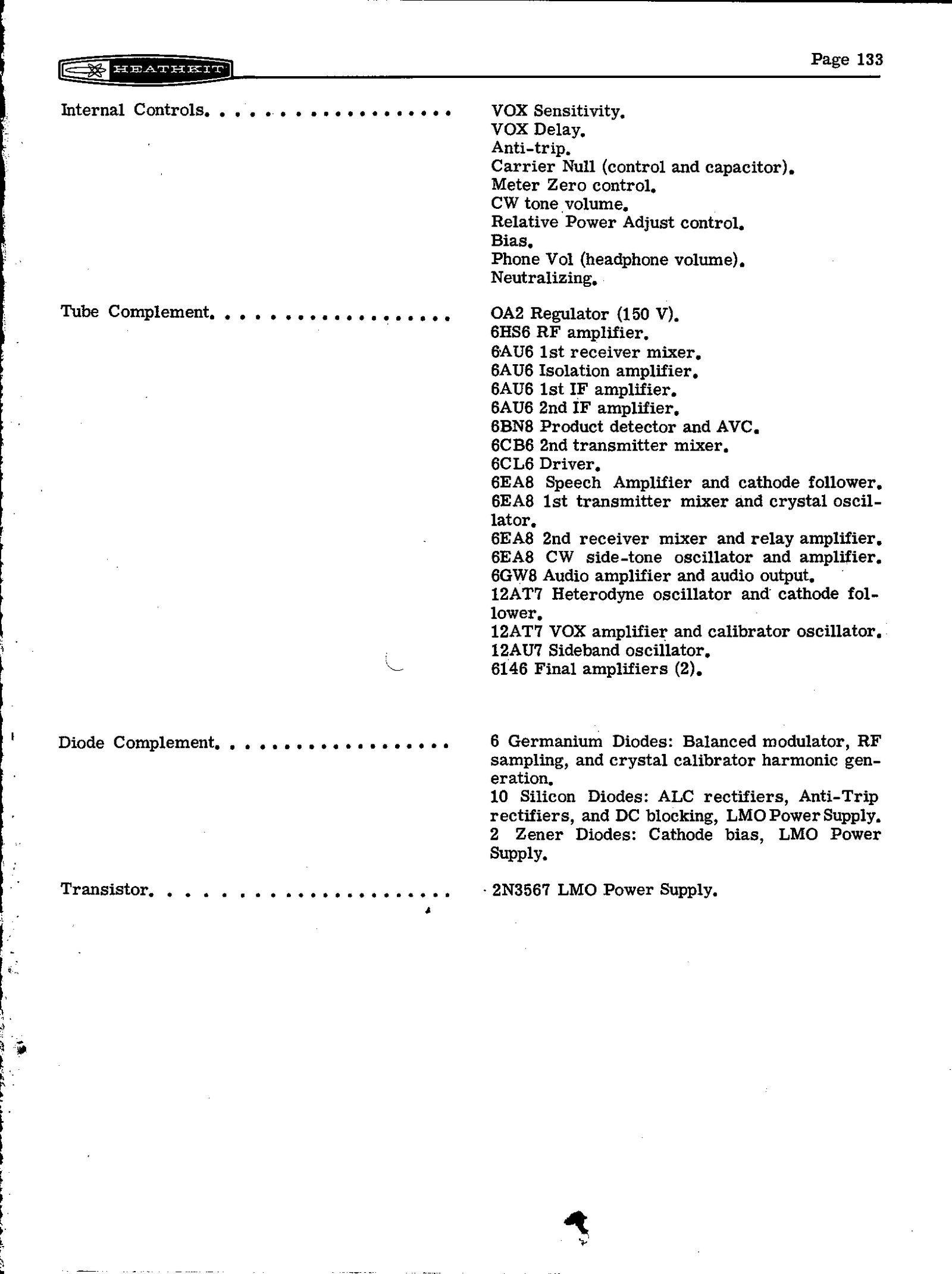 Figure 3 — Page 133: internal controls, tube complement, diode complement and the single listed transistor.