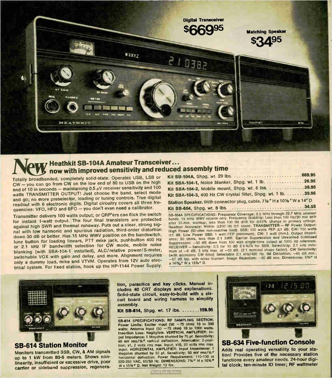 Figure 8 — The first catalogue appearance of the SB-104A: Fall 1977, No. 817, at $669.95, "now with improved sensitivity and reduced assembly time", with the SB-604 speaker beside it and the station accessori…