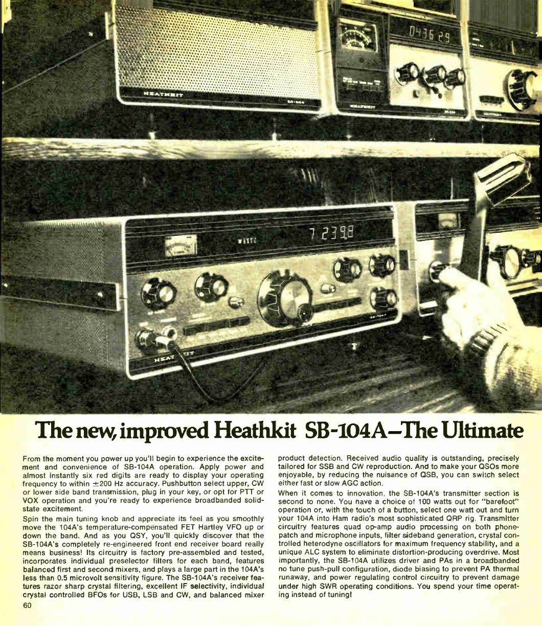 Figure 9 — "The new, improved Heathkit SB-104A — The Ultimate in Amateur Radio Technology": the Winter 1978 two-page spread. The copy singles out the "completely re-engineered front end receiver board", "fact…