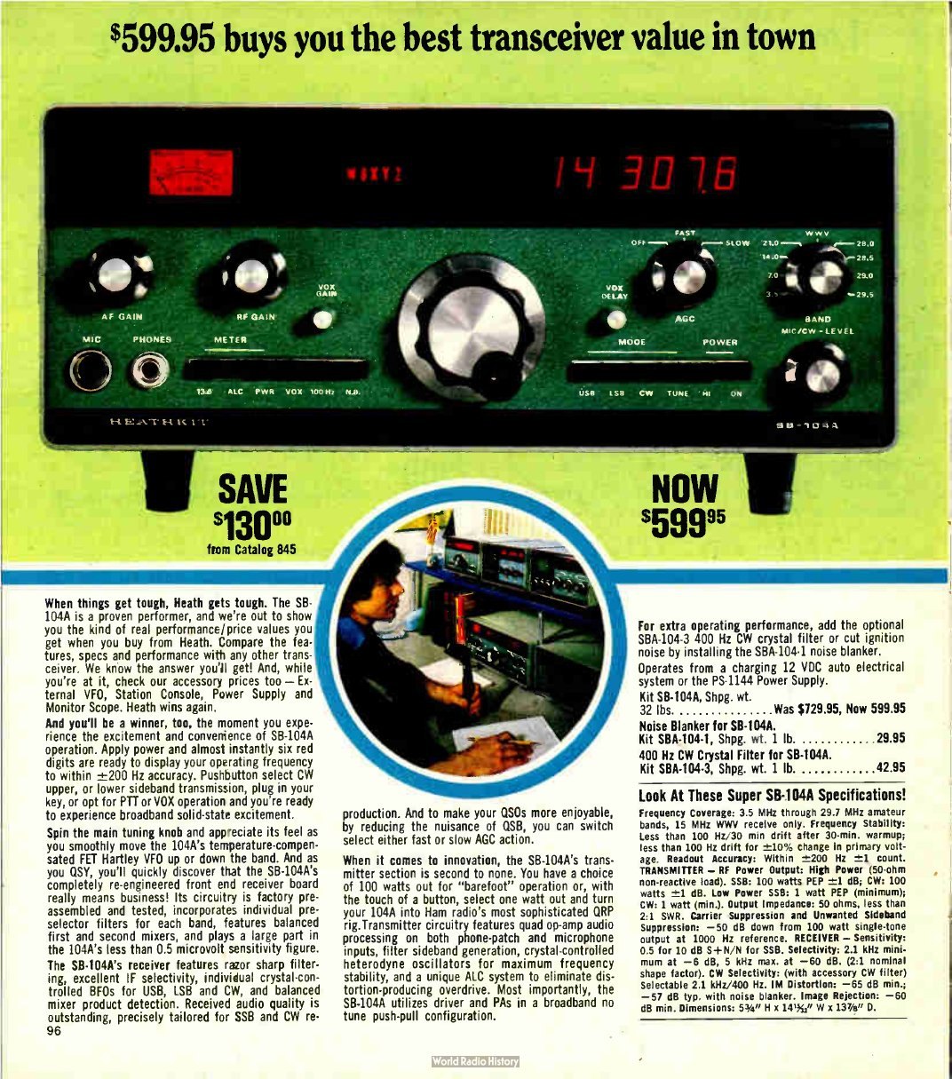 Figure 10 — "$599.95 buys you the best transceiver value in town": the SB-104A in catalogue No. 848 (1980), marked down $130 from $729.95. The colour photograph shows the dark-green panel and red display more …